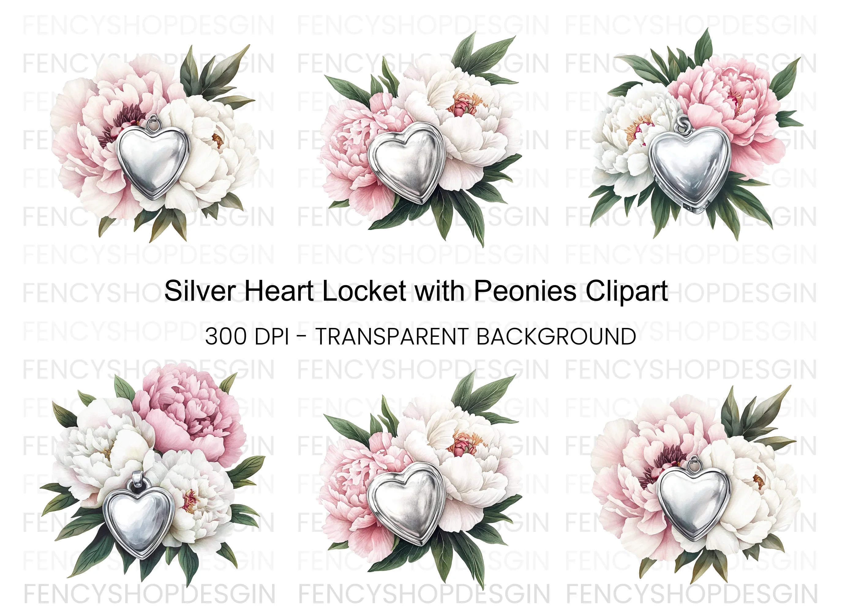 Heart Locket Peony Clipart Bundle