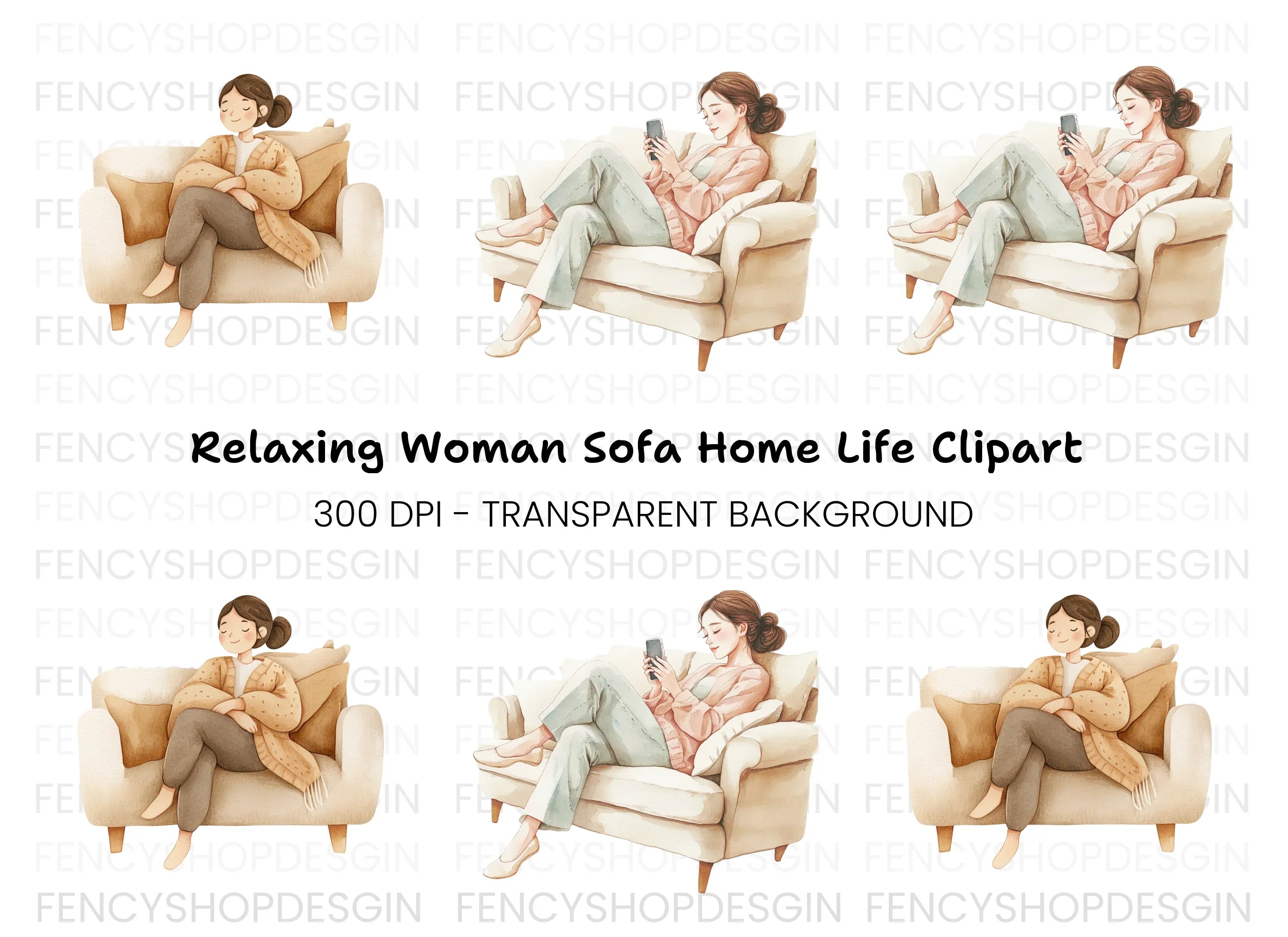 Cozy Women on Sofa Clipart Bundle