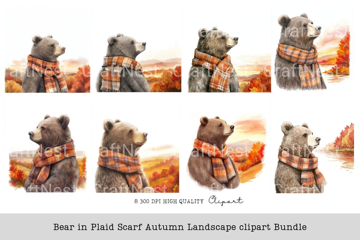 Bear In Plaid Scarf Autumn Landscape Clipart Bundle