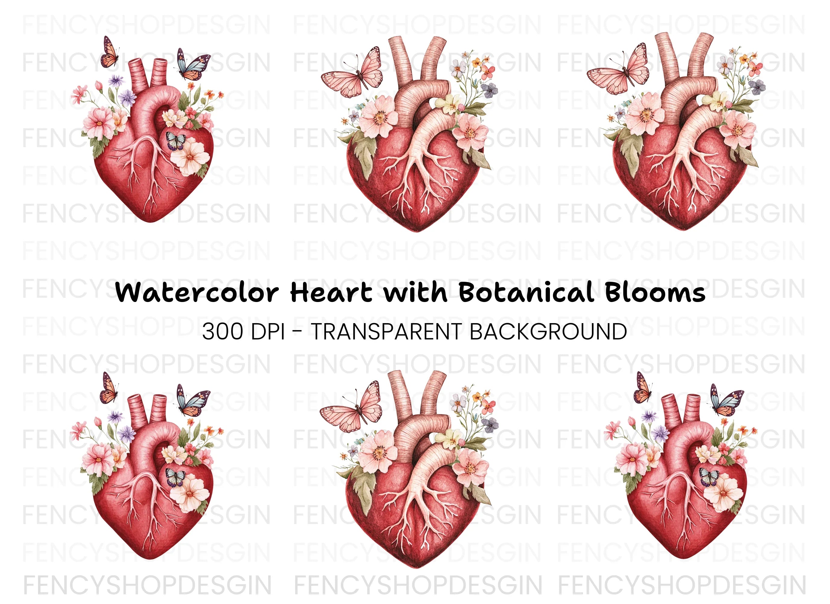 Floral Anatomical Heart Clipart Bundle