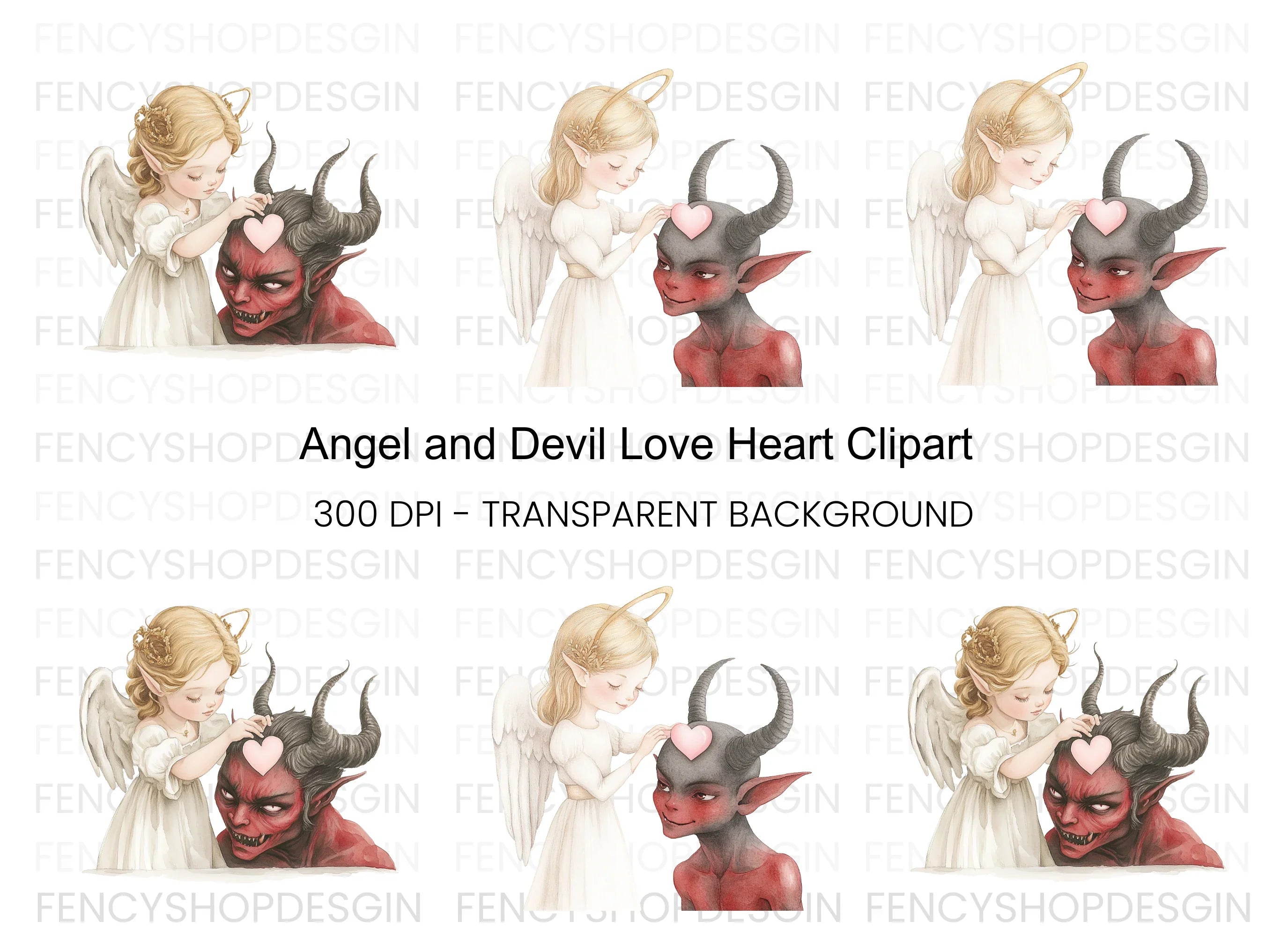 Cute Angel and Devil Heart Clipart Bundle
