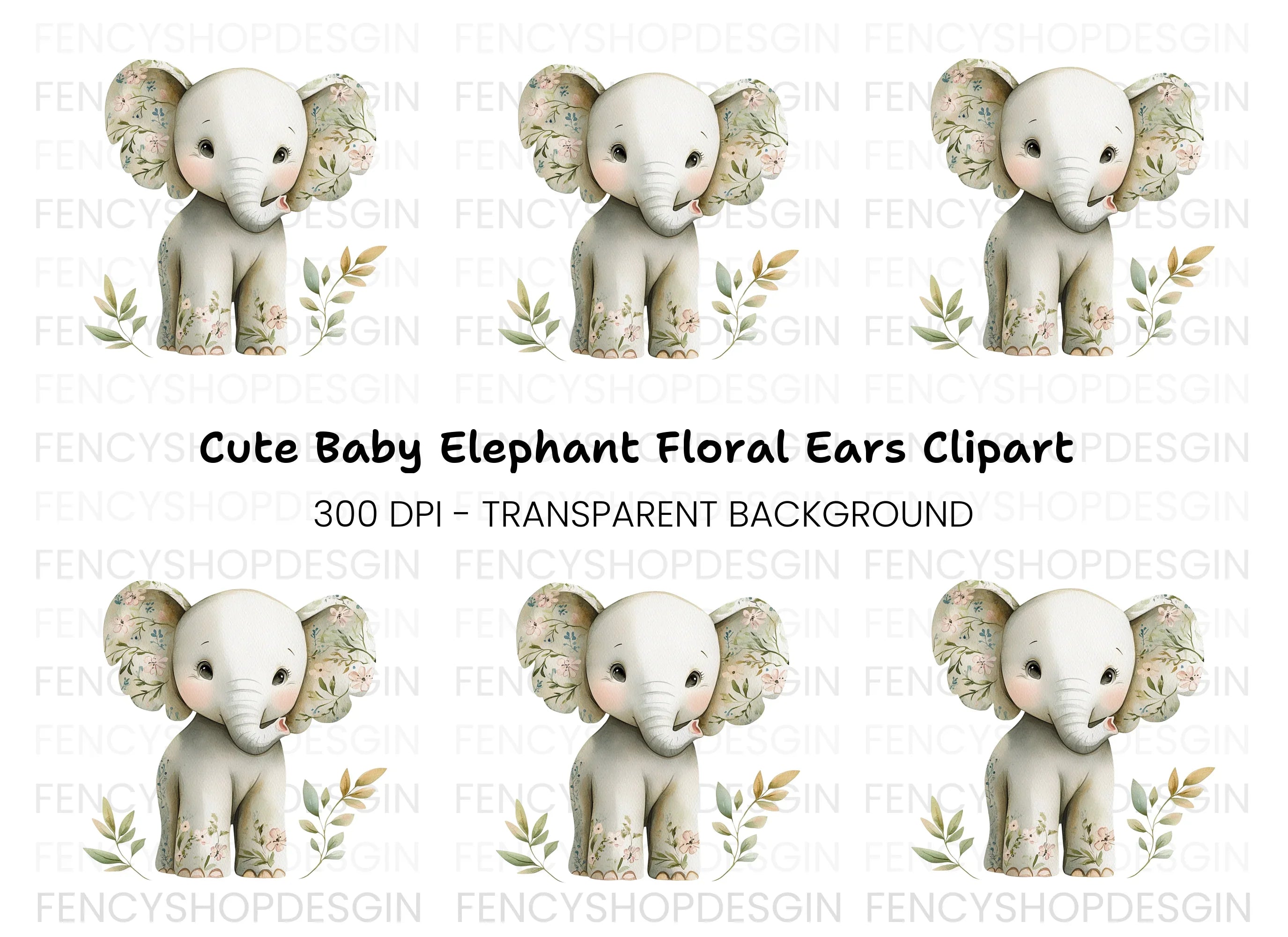 Cute Baby Floral Elephant Clipart Bundle