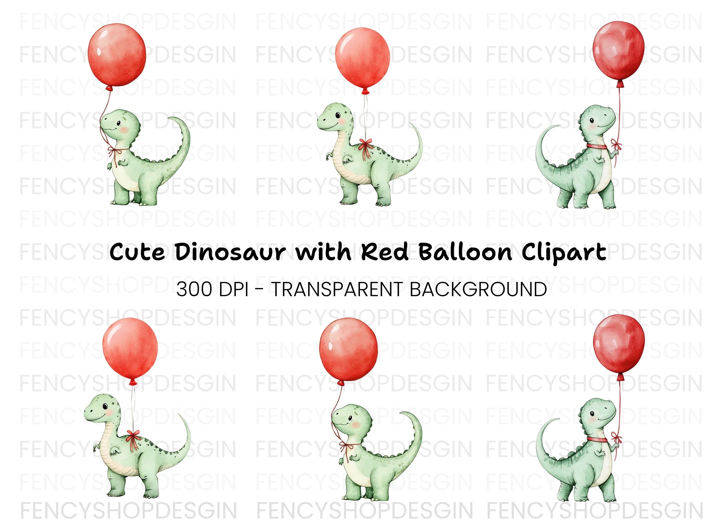 Cute Dinosaur with Red Balloon Clipart Bundle