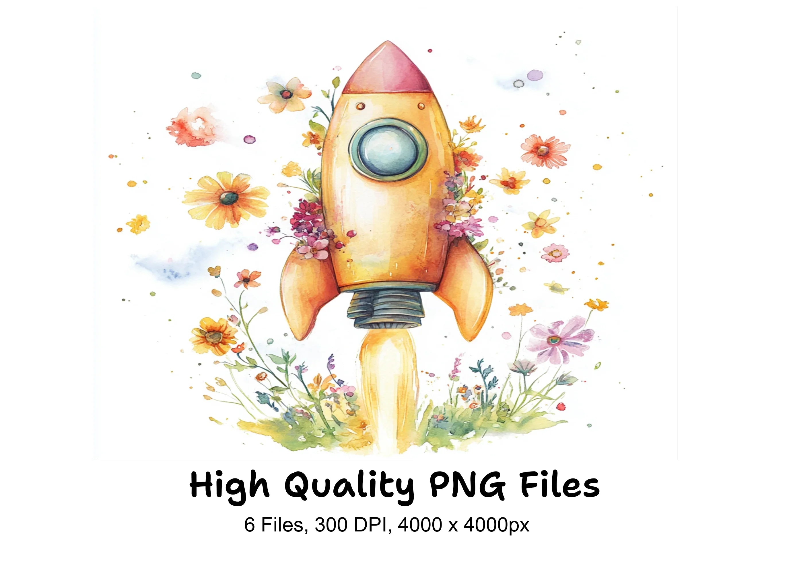 Whimsical Rocket with Flowers Clipart Bundle