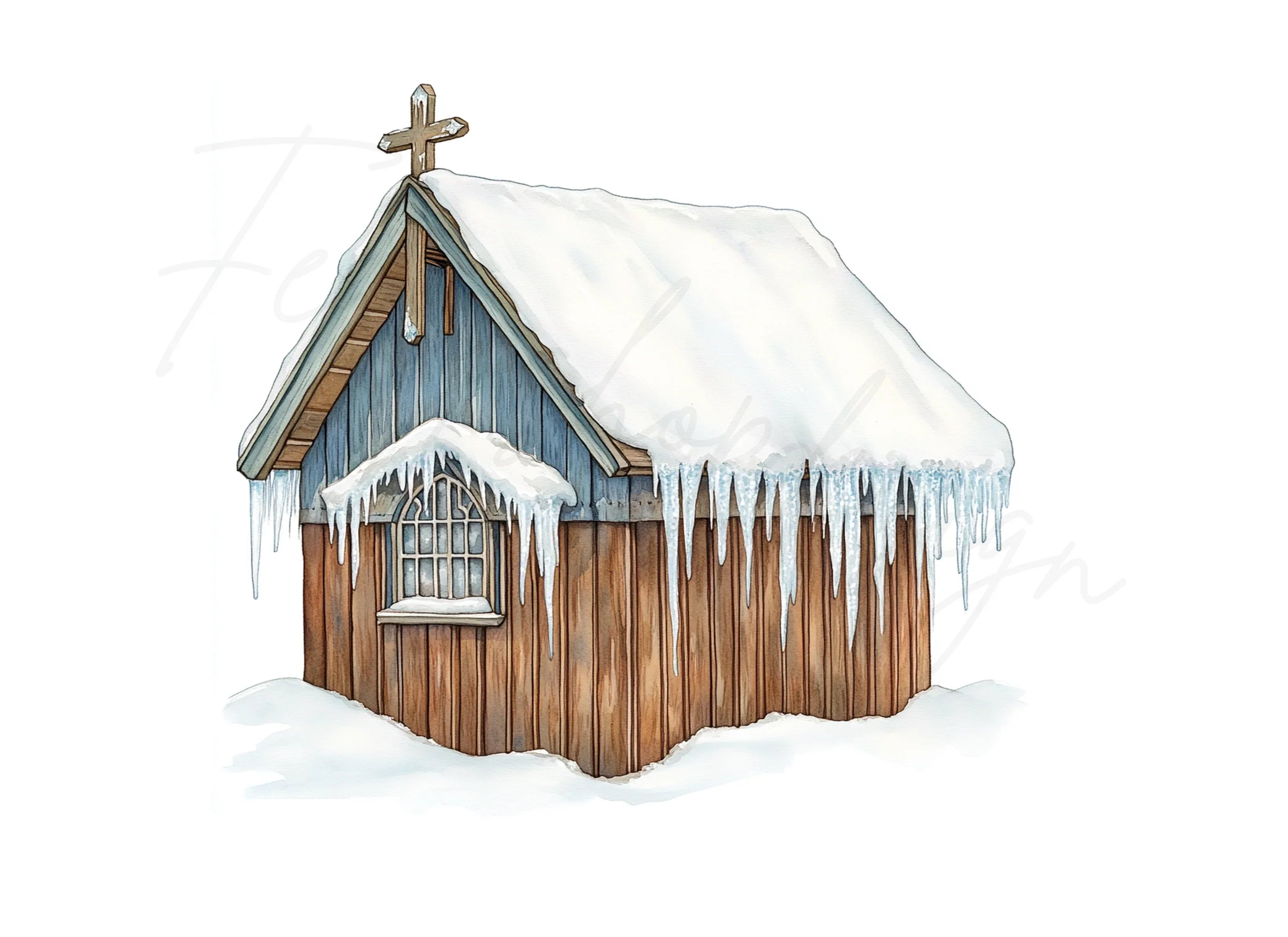 Snowy Rustic Cabins and Churches Clipart Bundle