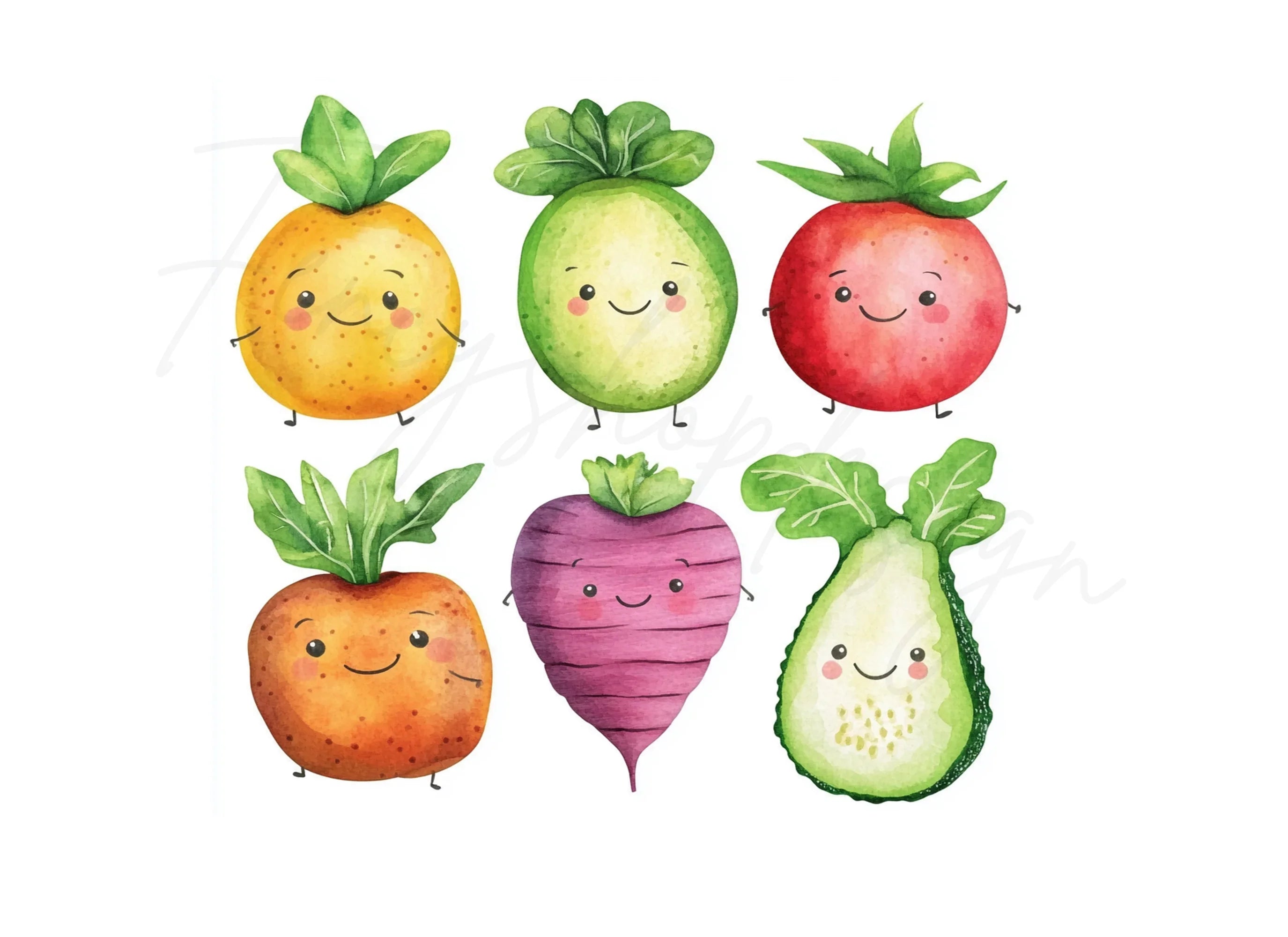 Cute Happy Fruits & Veggies Clipart Bundle