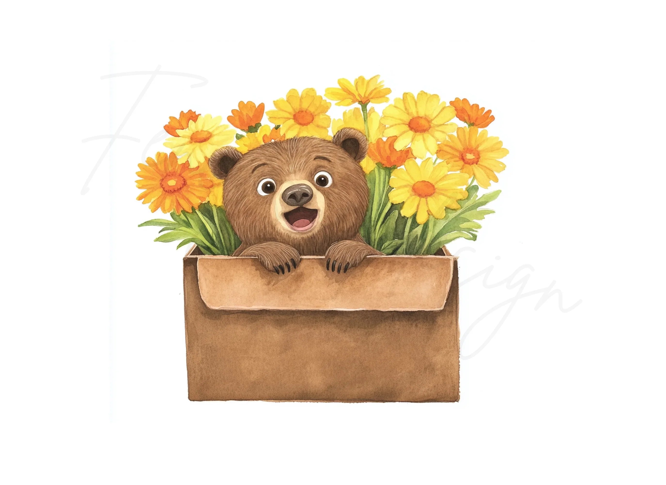 Cute Bear with Marigold Flowers Clipart Bundle