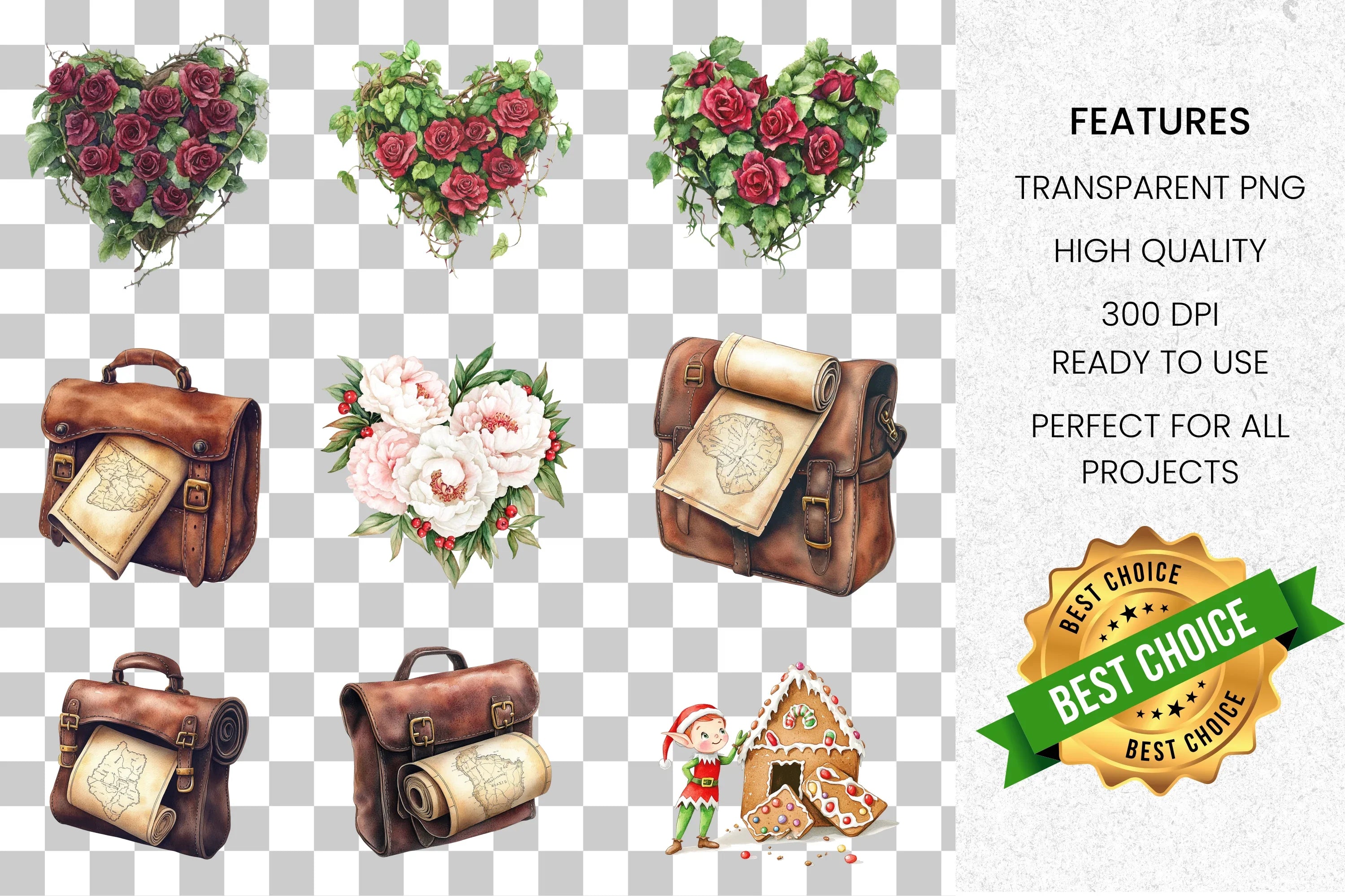 Holiday Elf Floral Hearts Adventure Bags Clipart Bundle