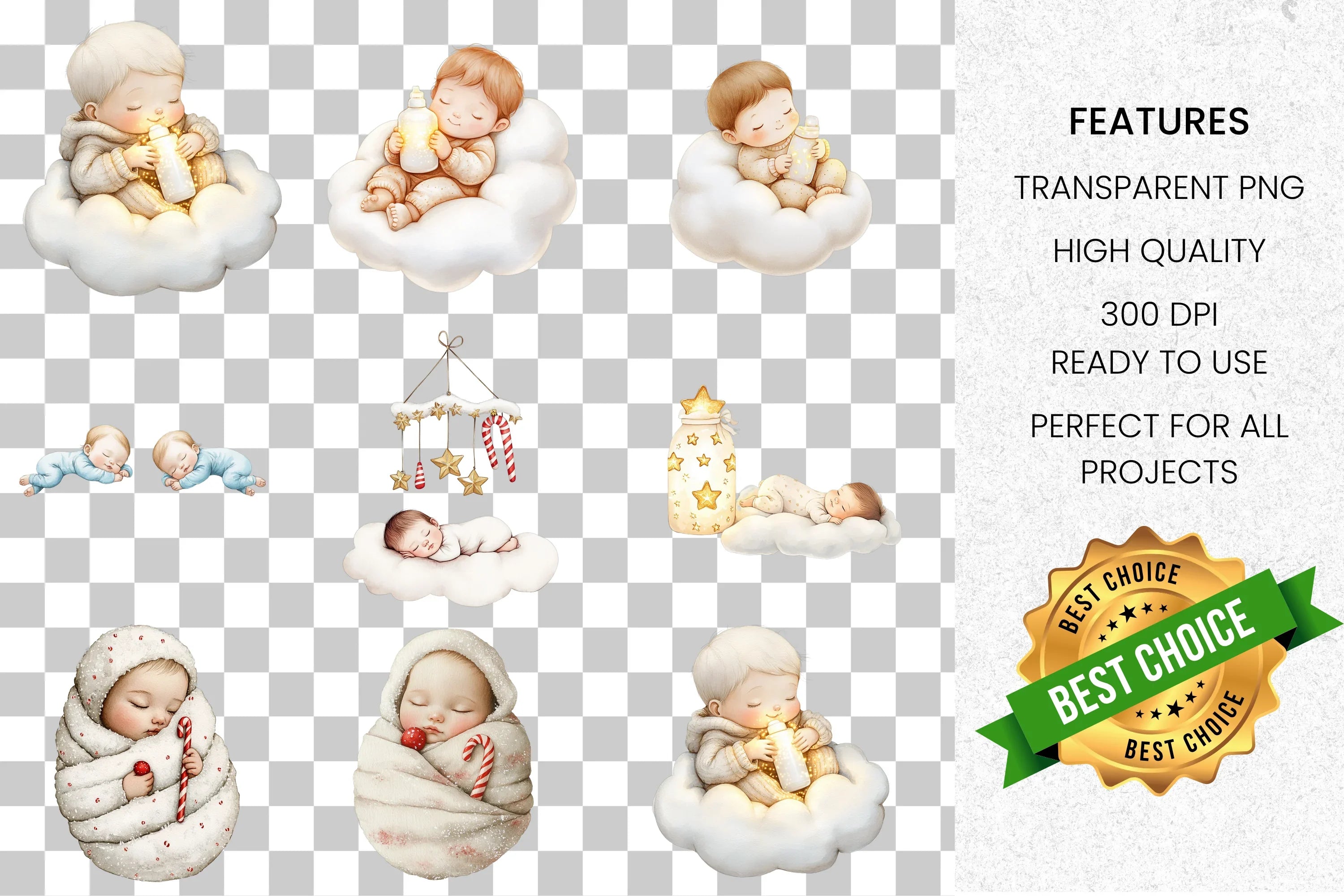 Sleeping Christmas Babies Clipart Bundle