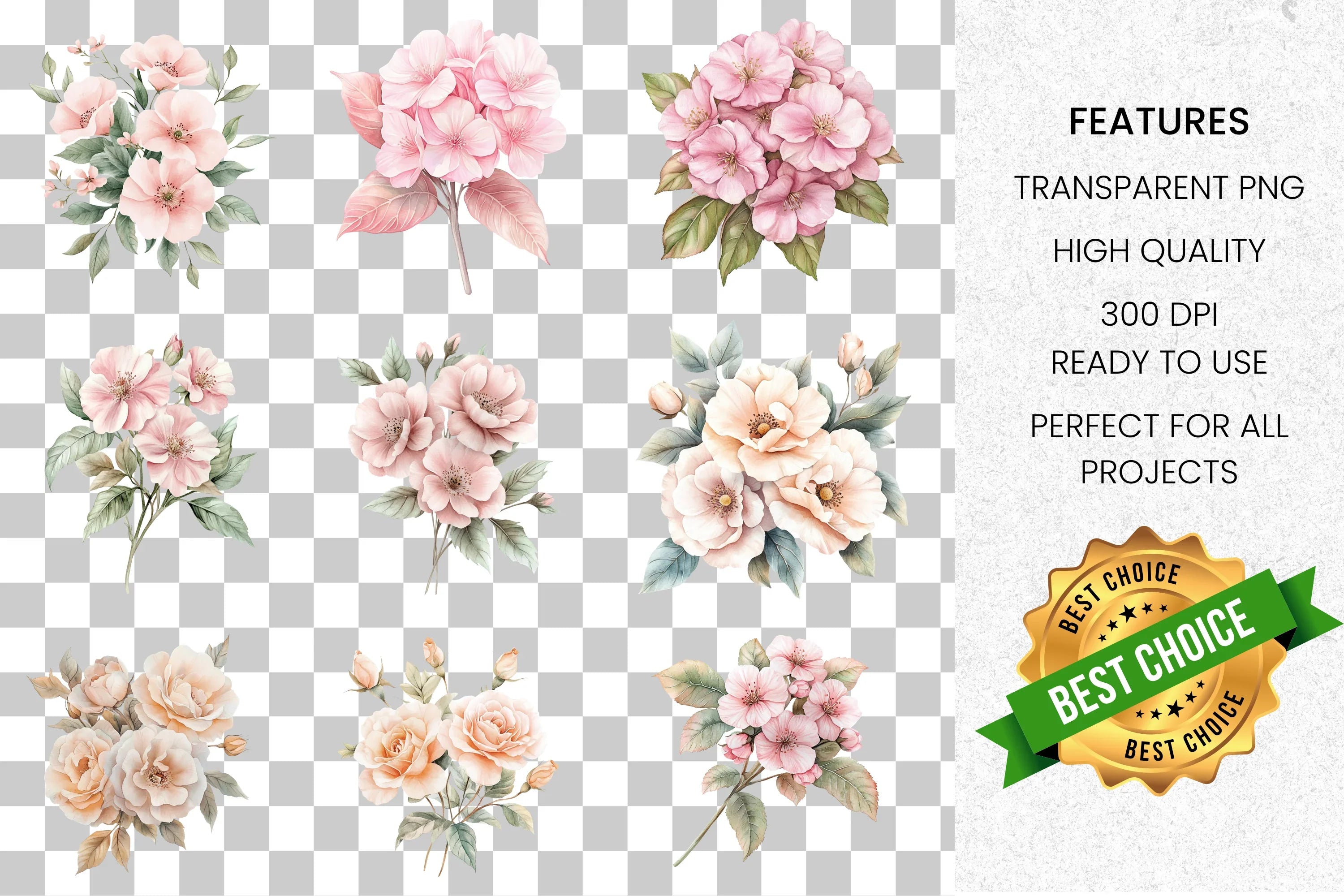 Pink Peach Floral Clipart Bundle