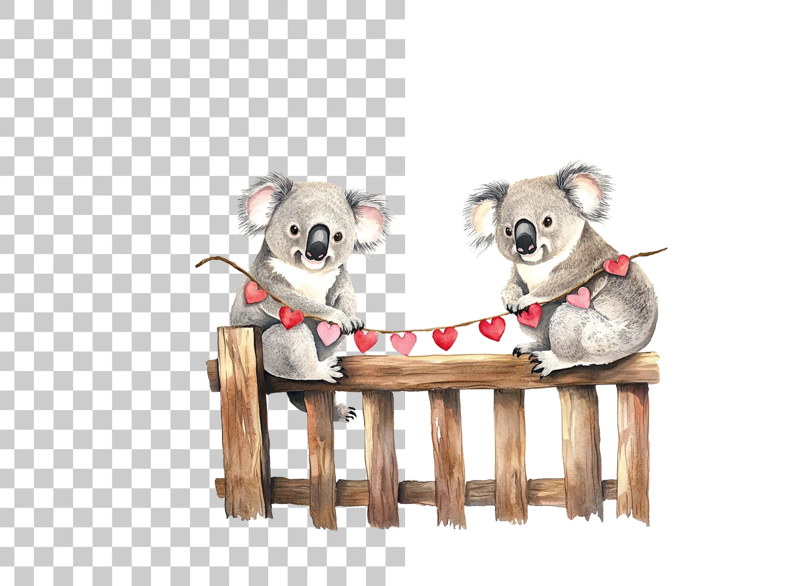 Koalas on Fence with Heart Garland Clipart Bundle