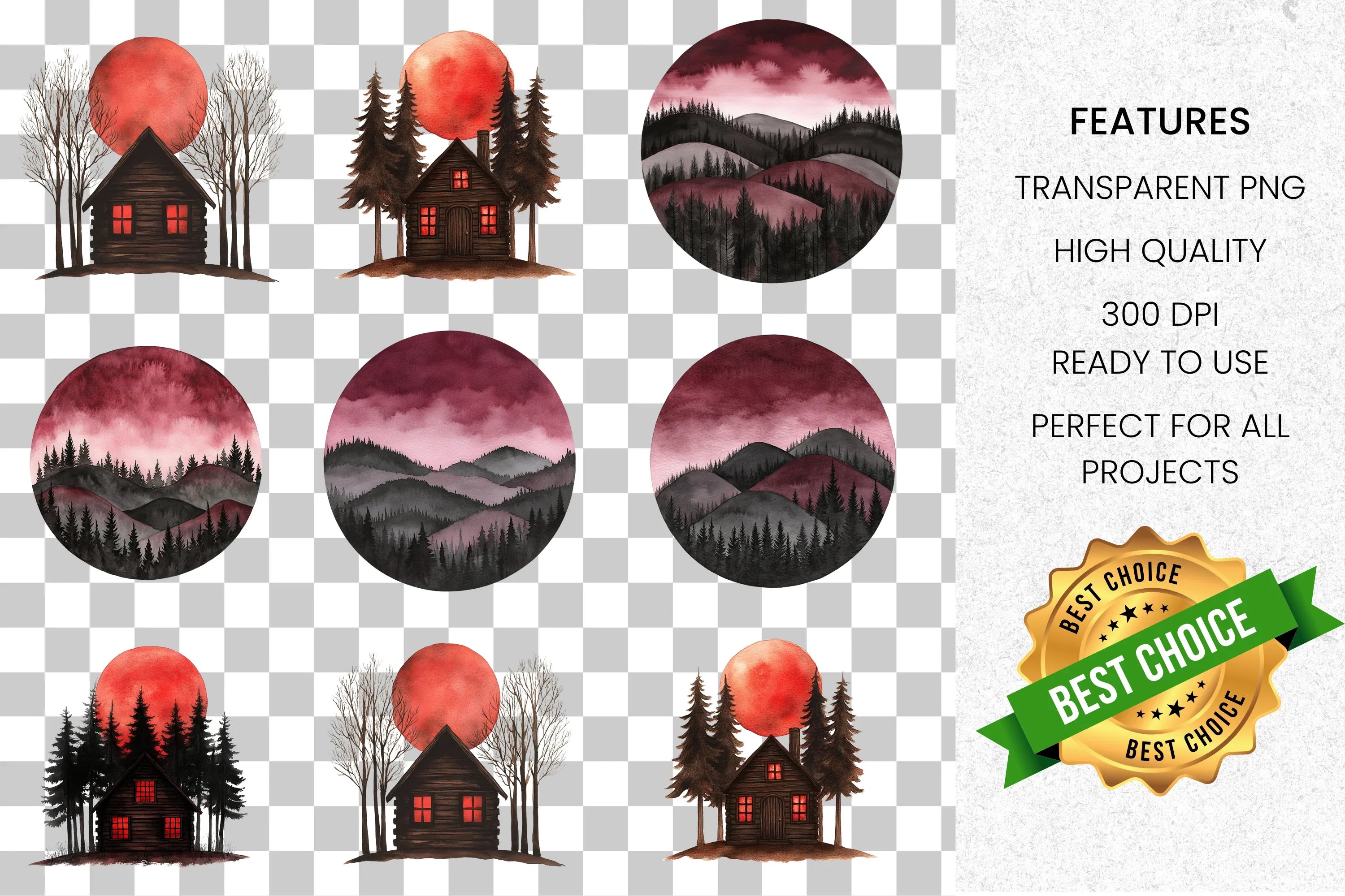 Dark Forest Cabin Blood Moon Clipart Bundle