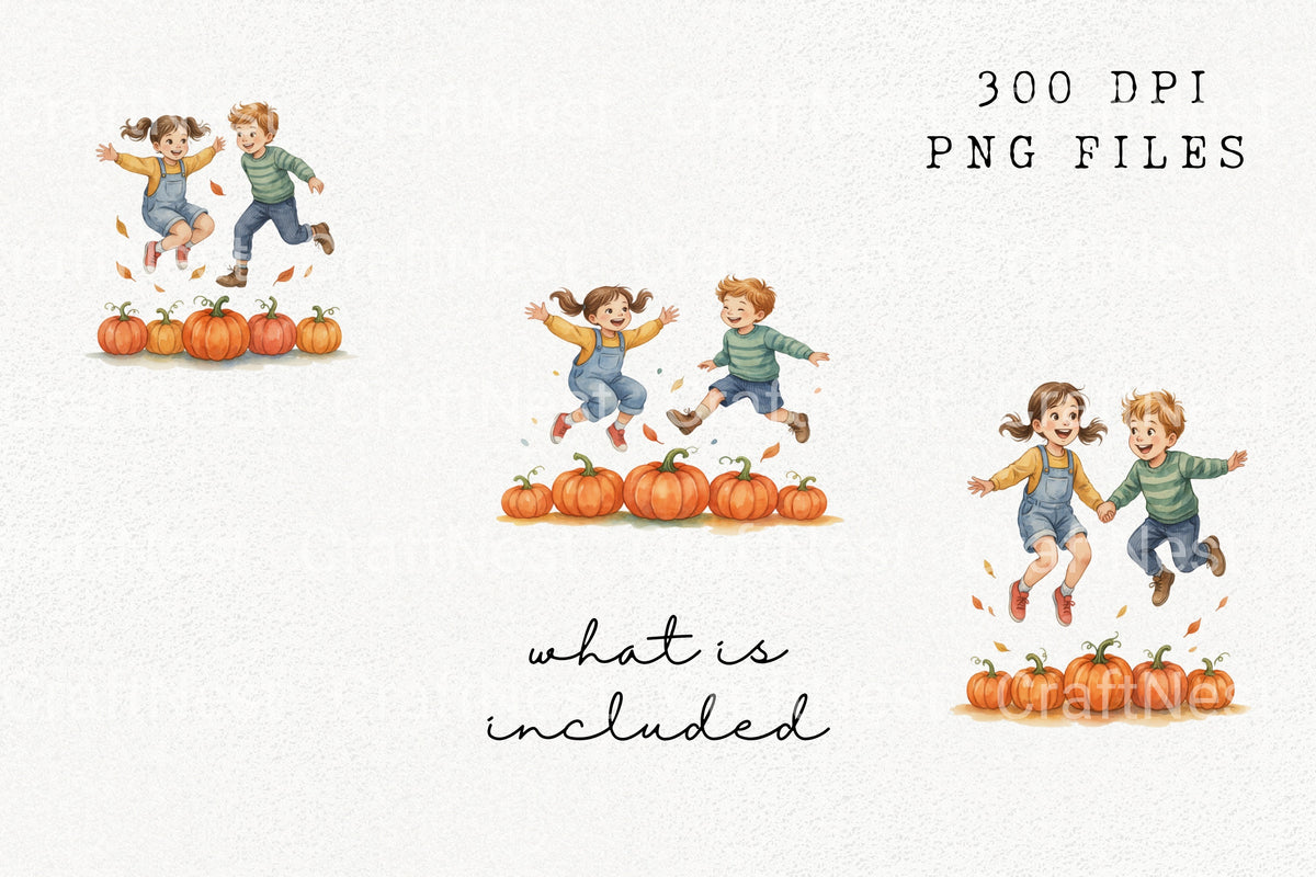 Happy Kids Jumping Over Pumpkins Clipart Bundle