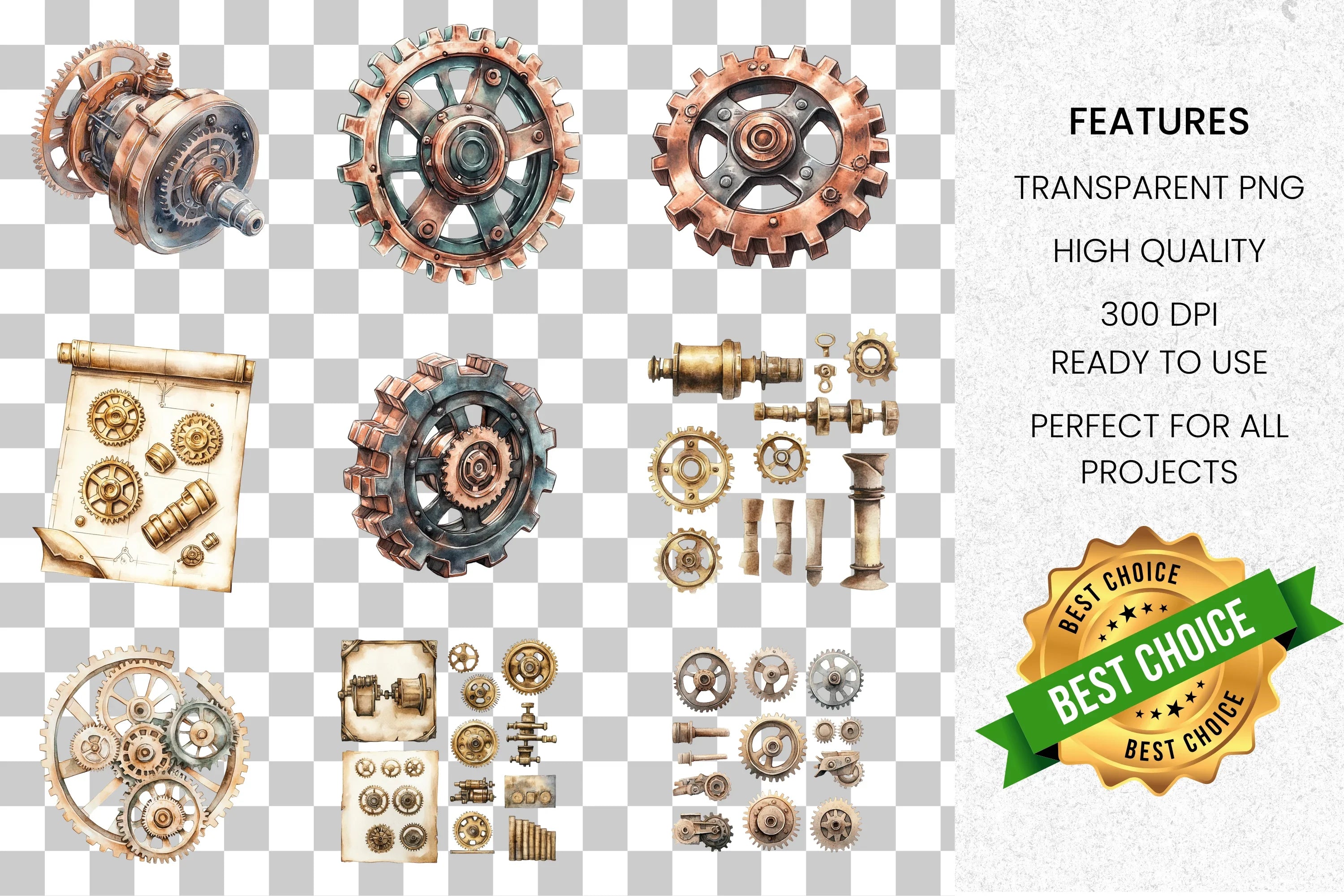 Vintage Steampunk Gears Clipart Bundle