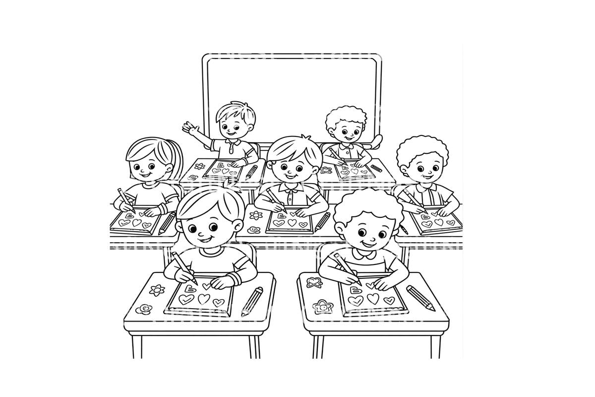 School Kids Learning Coloring Books