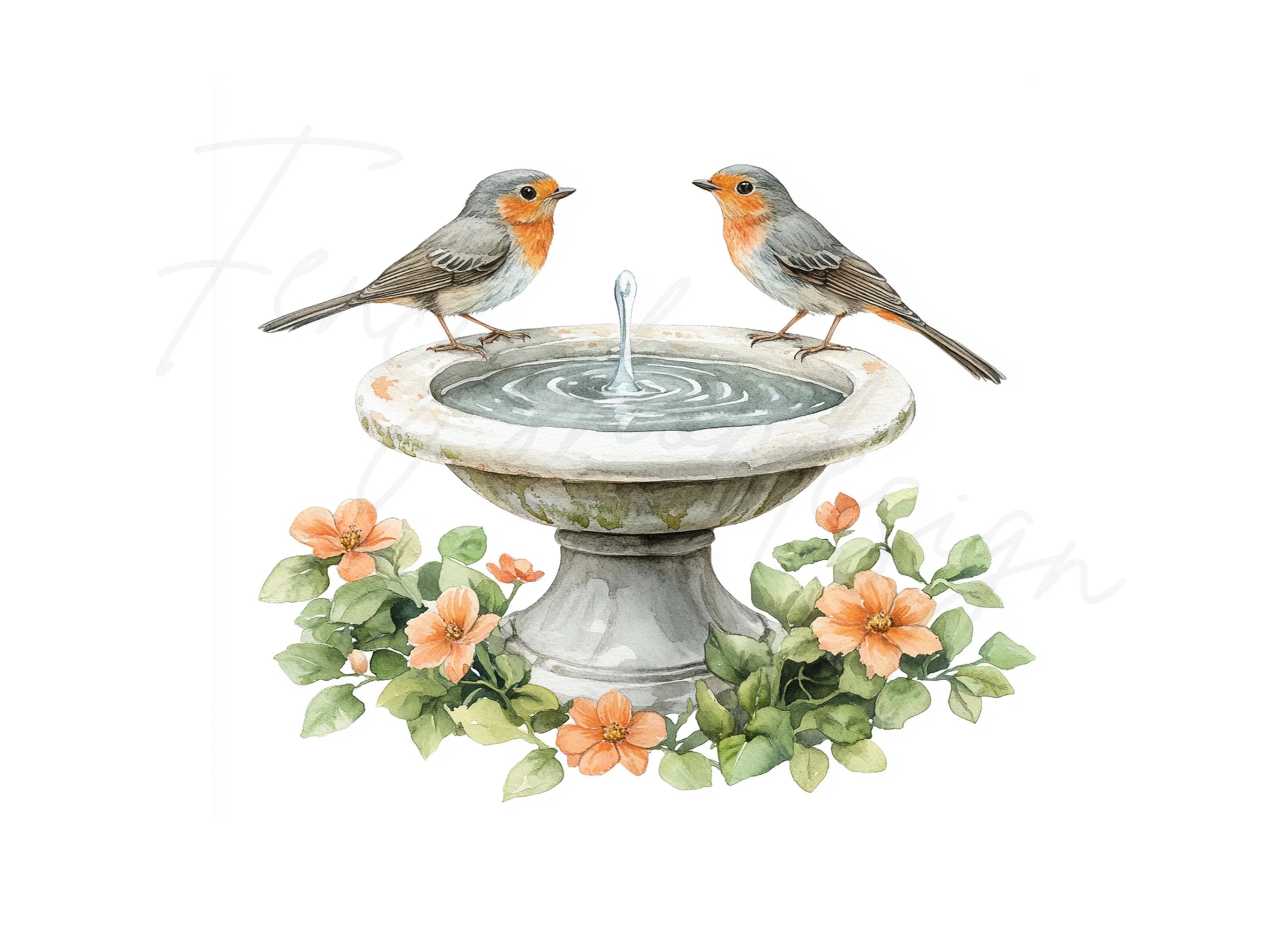 Robin Birds on Bird Bath Clipart Bundle