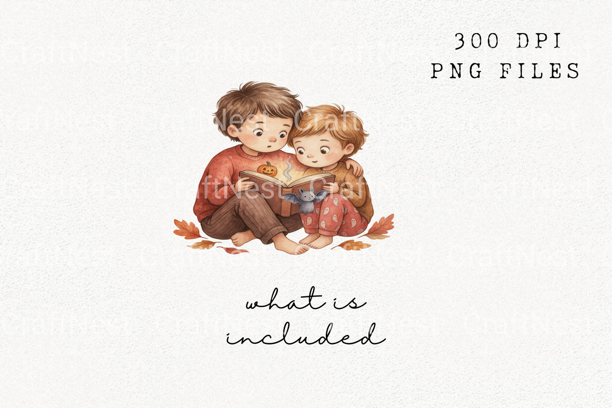Brothers Reading Halloween Tales Illustrations Clipart Bundle