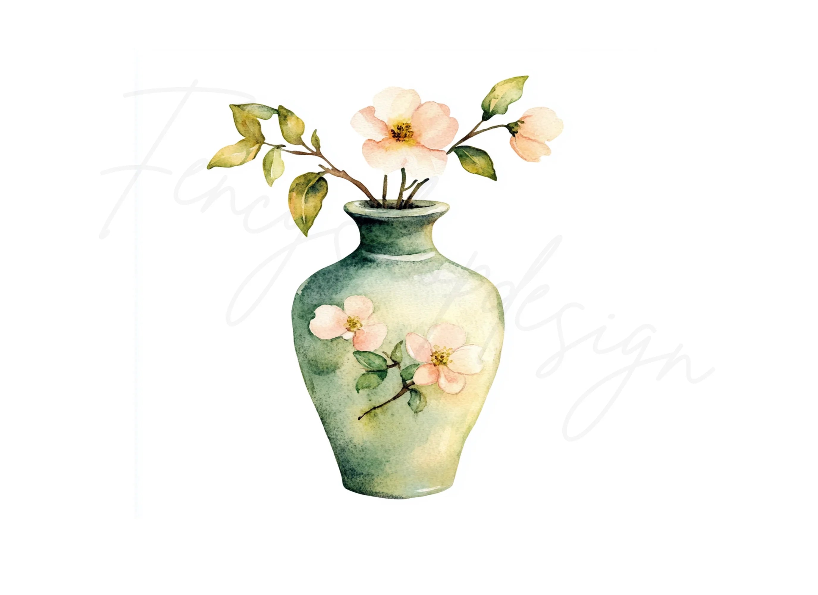Green Vase Cherry Blossom Clipart Bundle