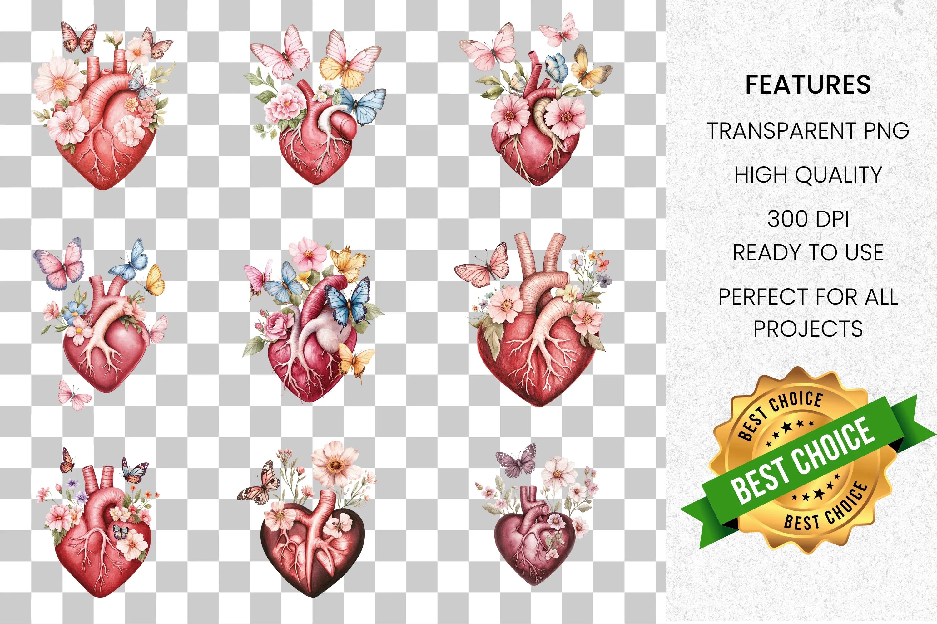 Floral Anatomical Heart Clipart Bundle