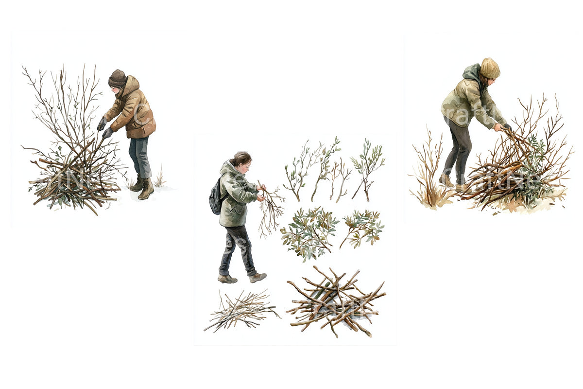 Person Gathering Branches Clipart Bundle