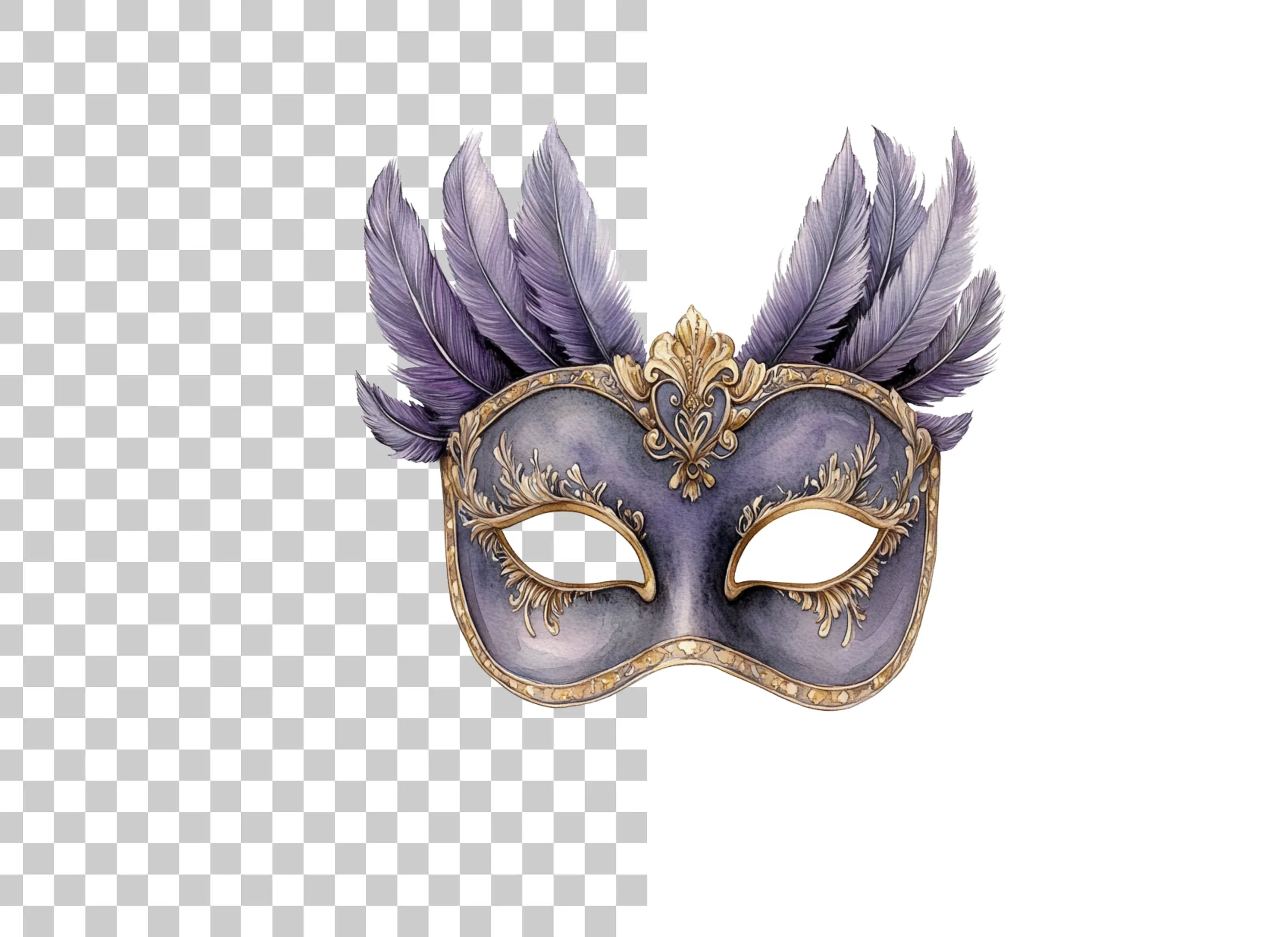 Elegant Purple Feathered Masquerade Mask Clipart Bundle