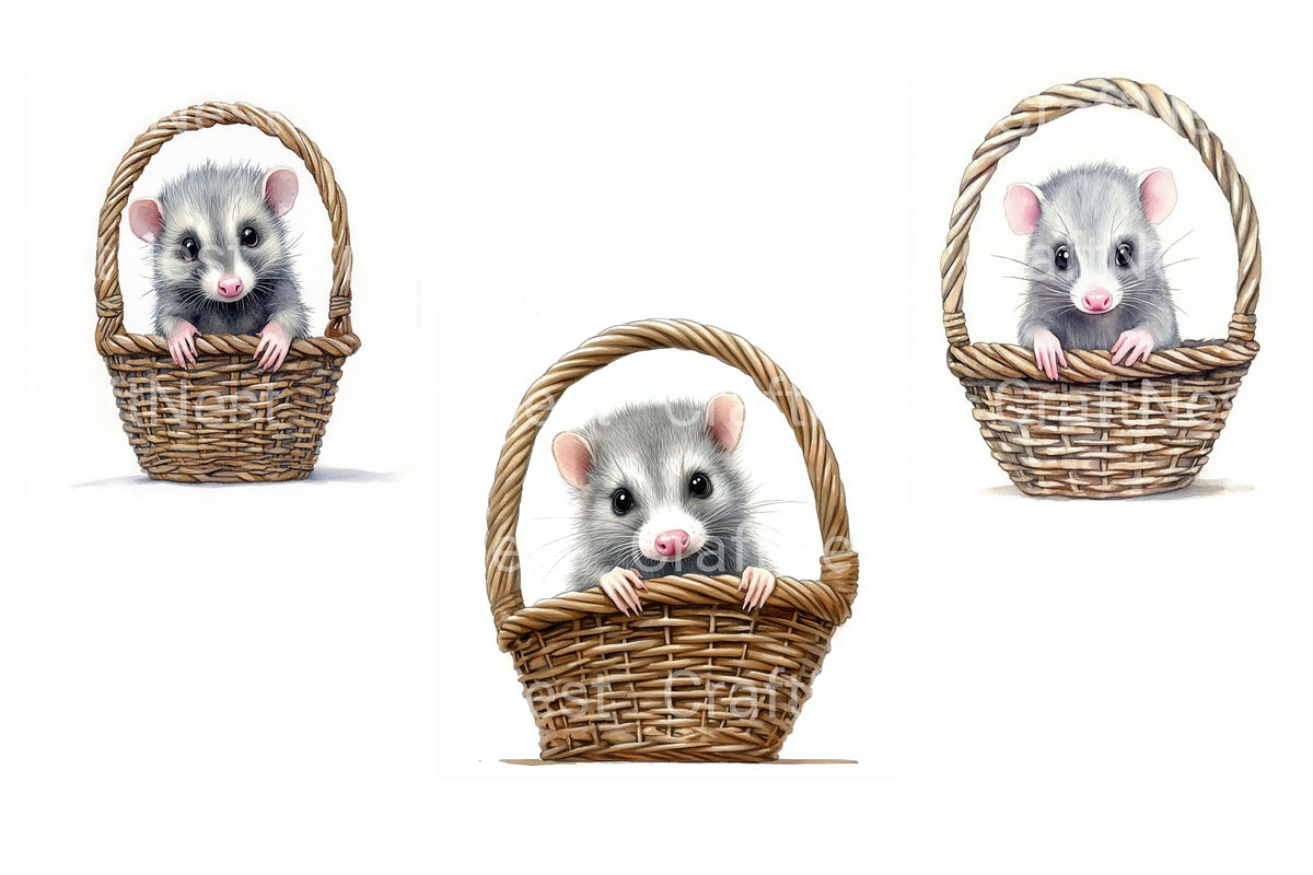 Adorable Opossum In Basket Animal Clipart Bundle