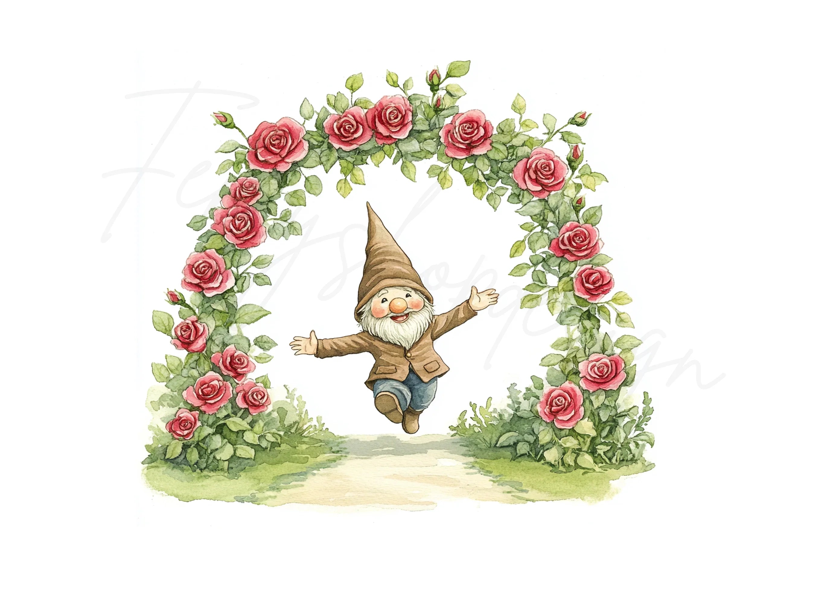 Joyful Gnomes with Rose Arches Clipart Bundle