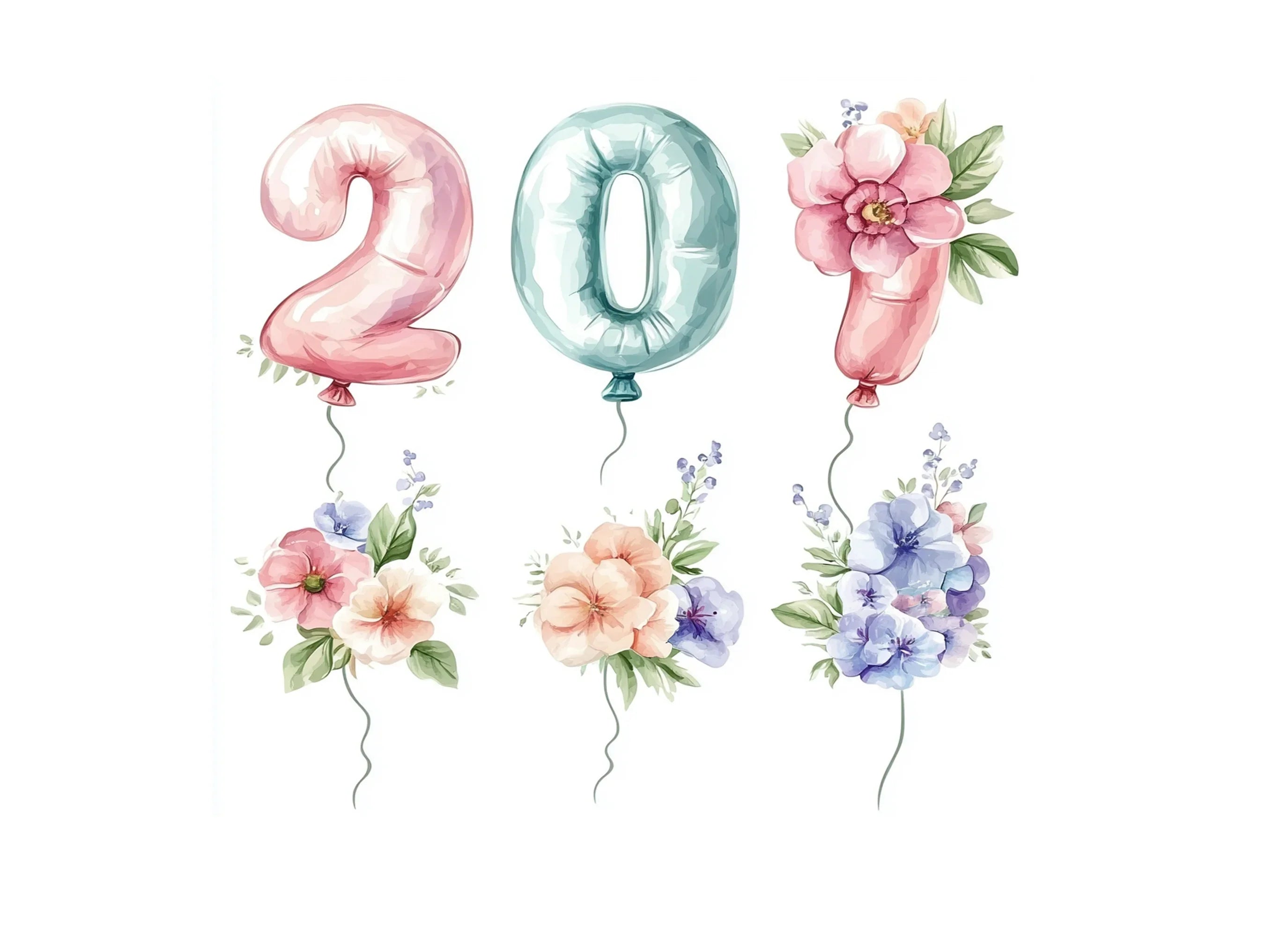Floral Balloon Numbers Clipart Bundle
