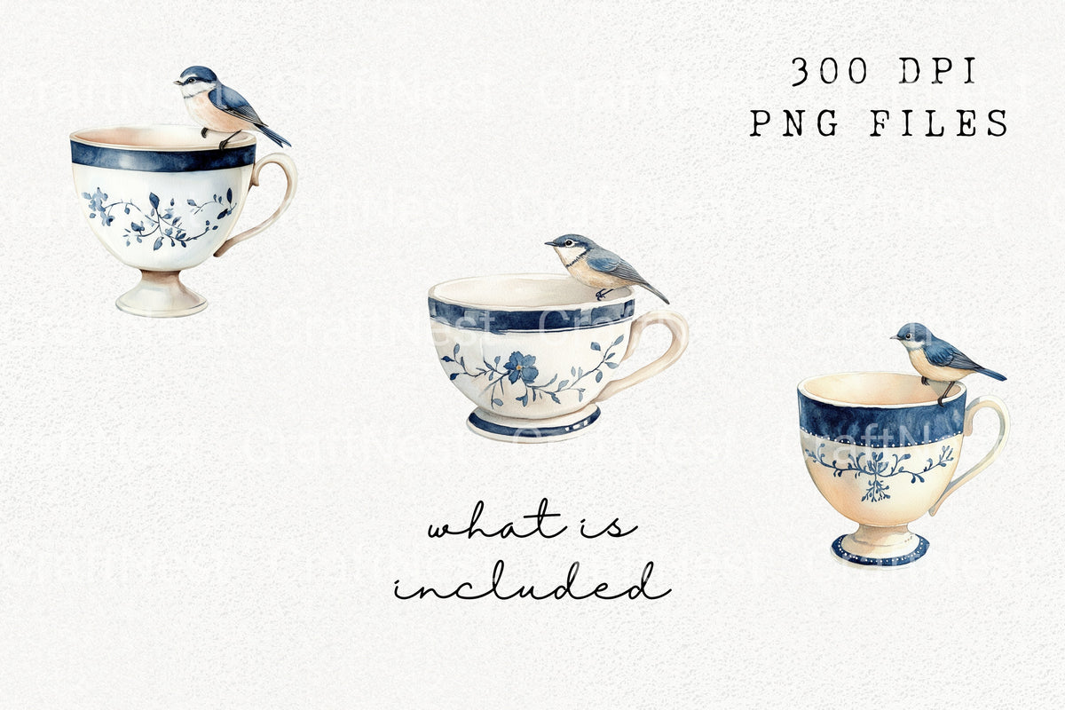 Blue Birds On Vintage Cups Designs Clipart Bundle