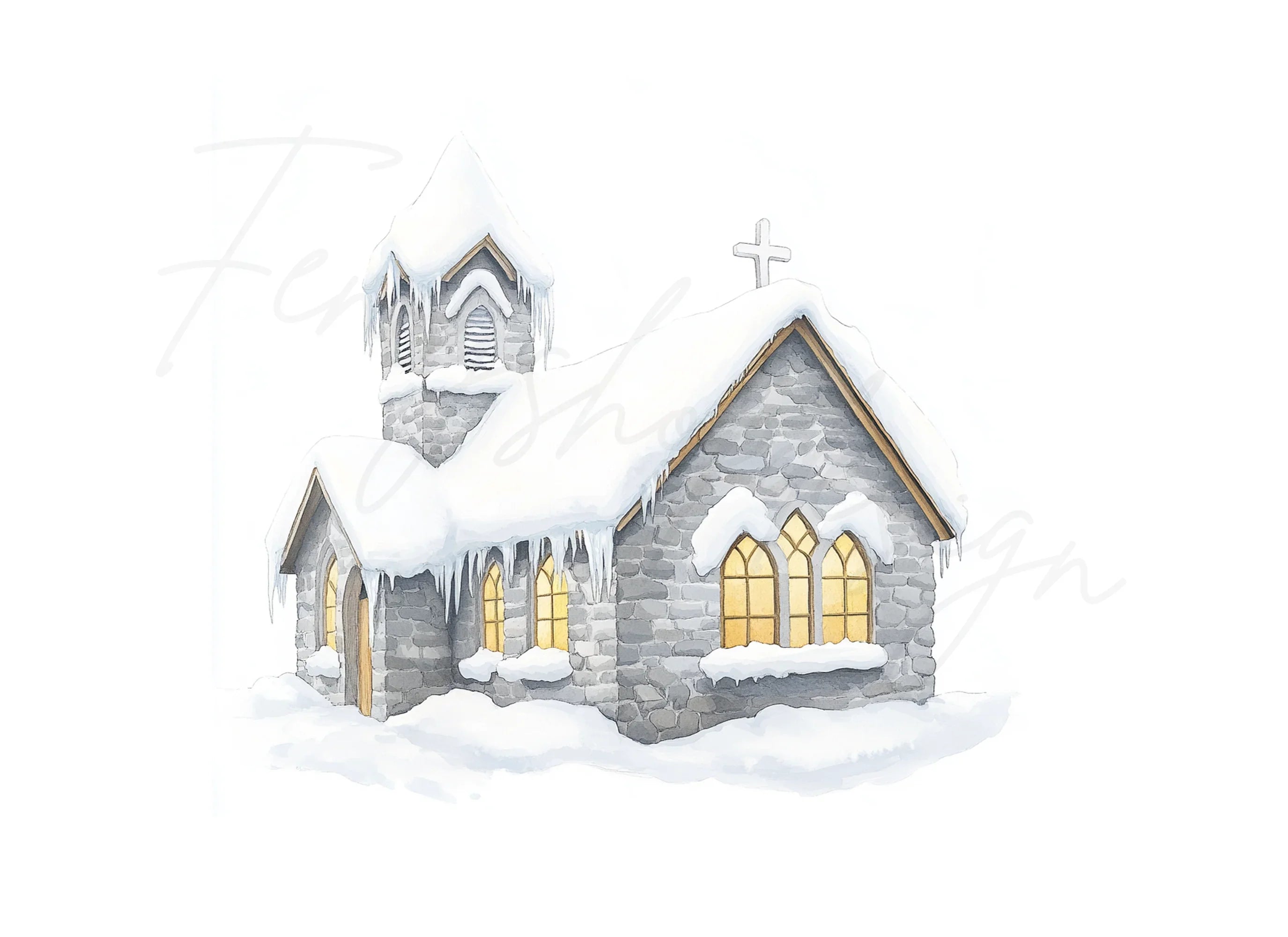 Snow Covered Stone Churches Clipart Bundle