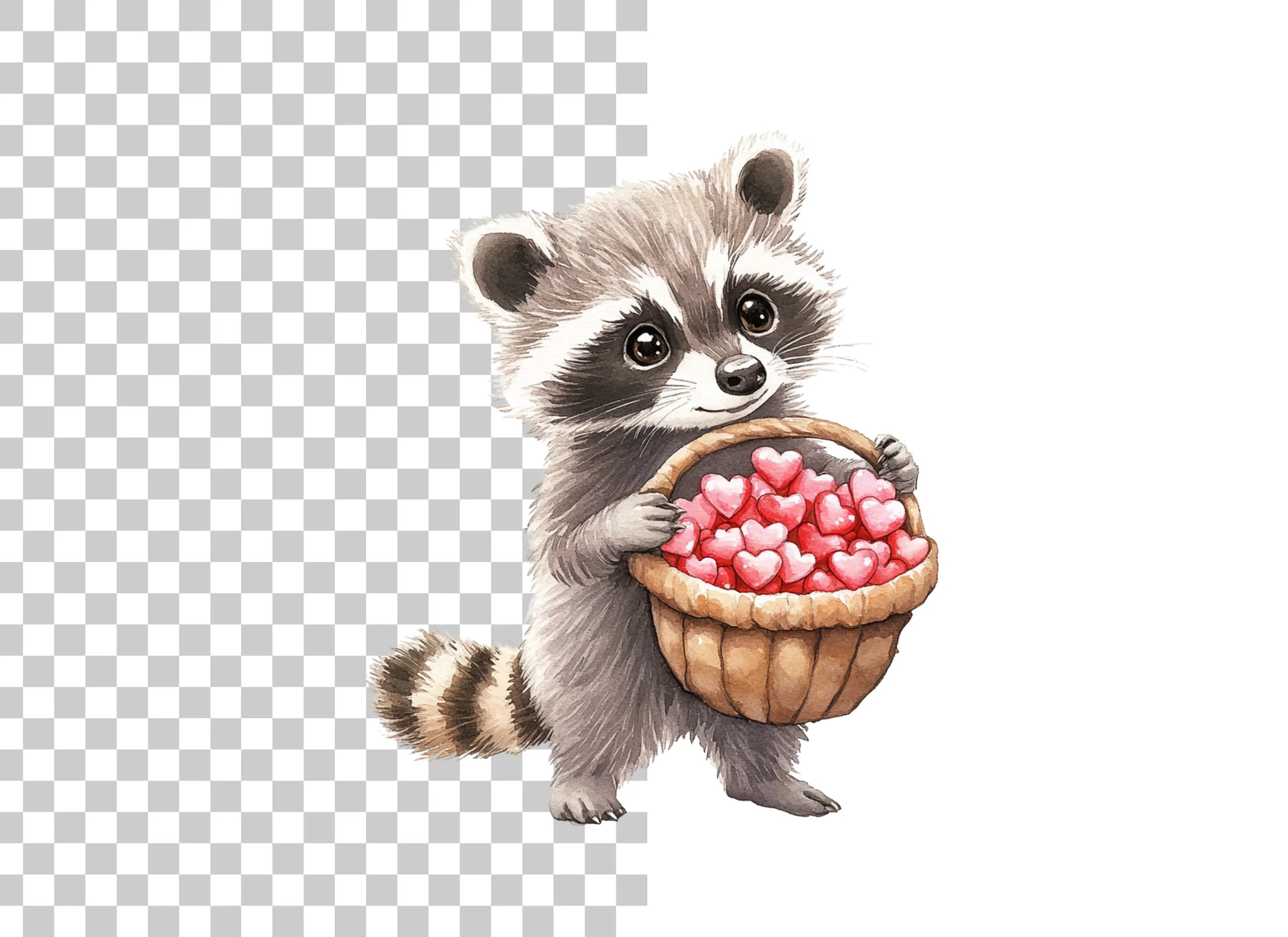 Sweet Raccoon Holding Heart Basket Clipart Bundle