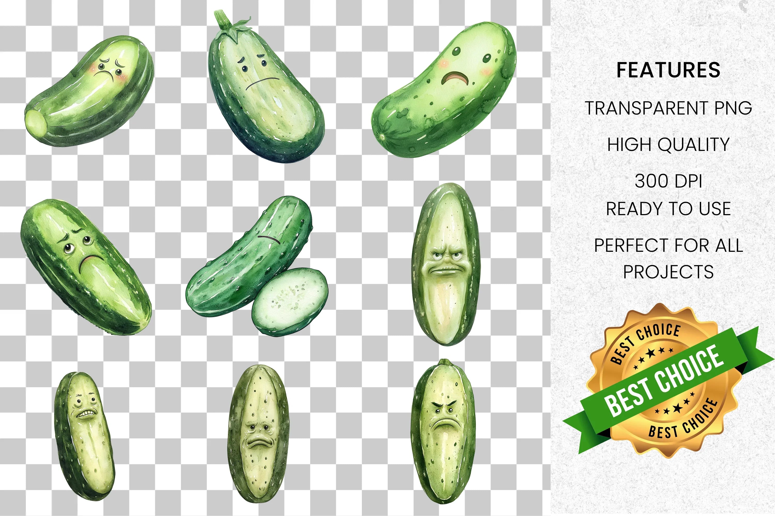 Funny Cucumber Faces Clipart Bundle