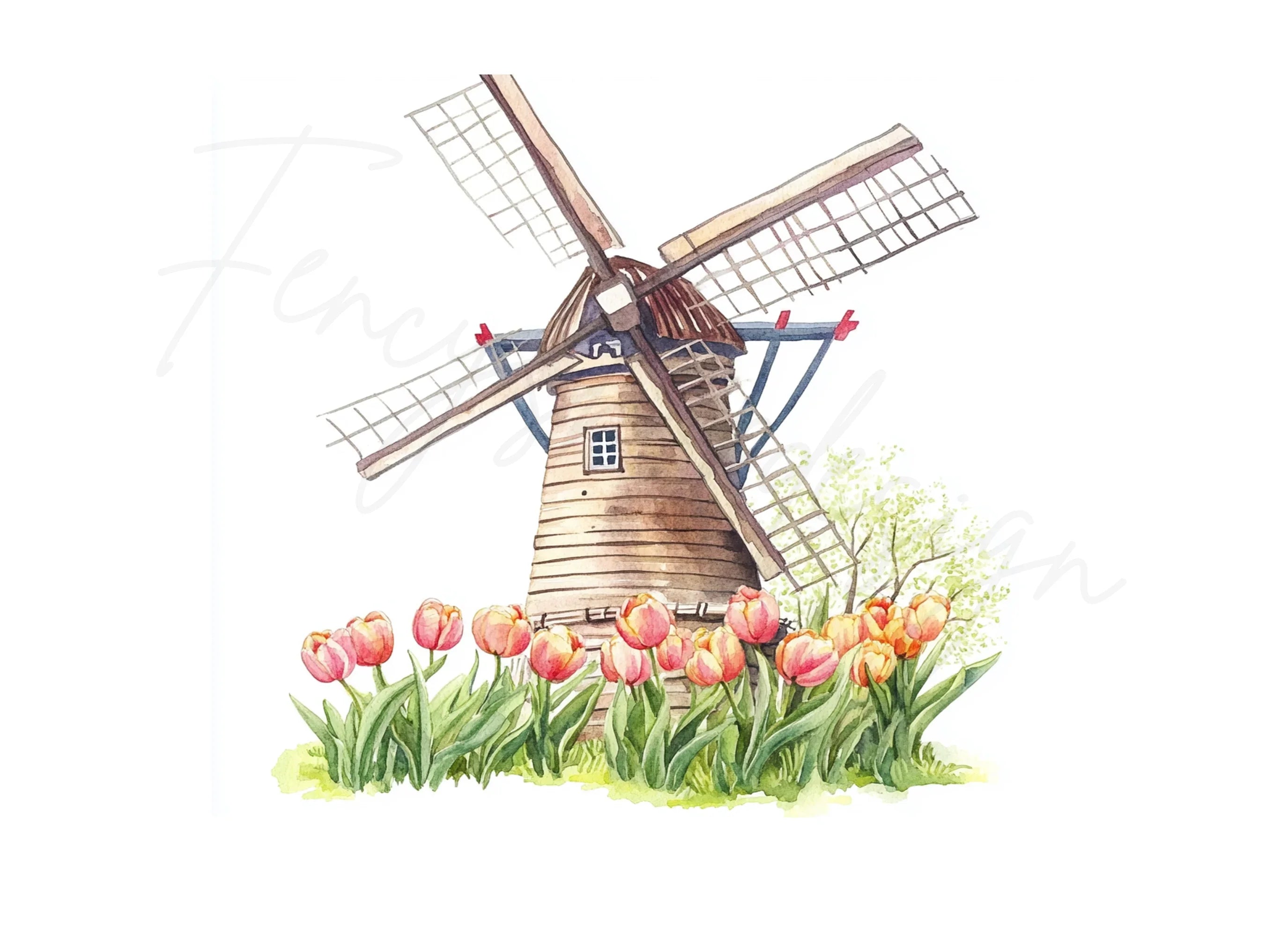 Windmill with Pink Tulips Clipart Bundle