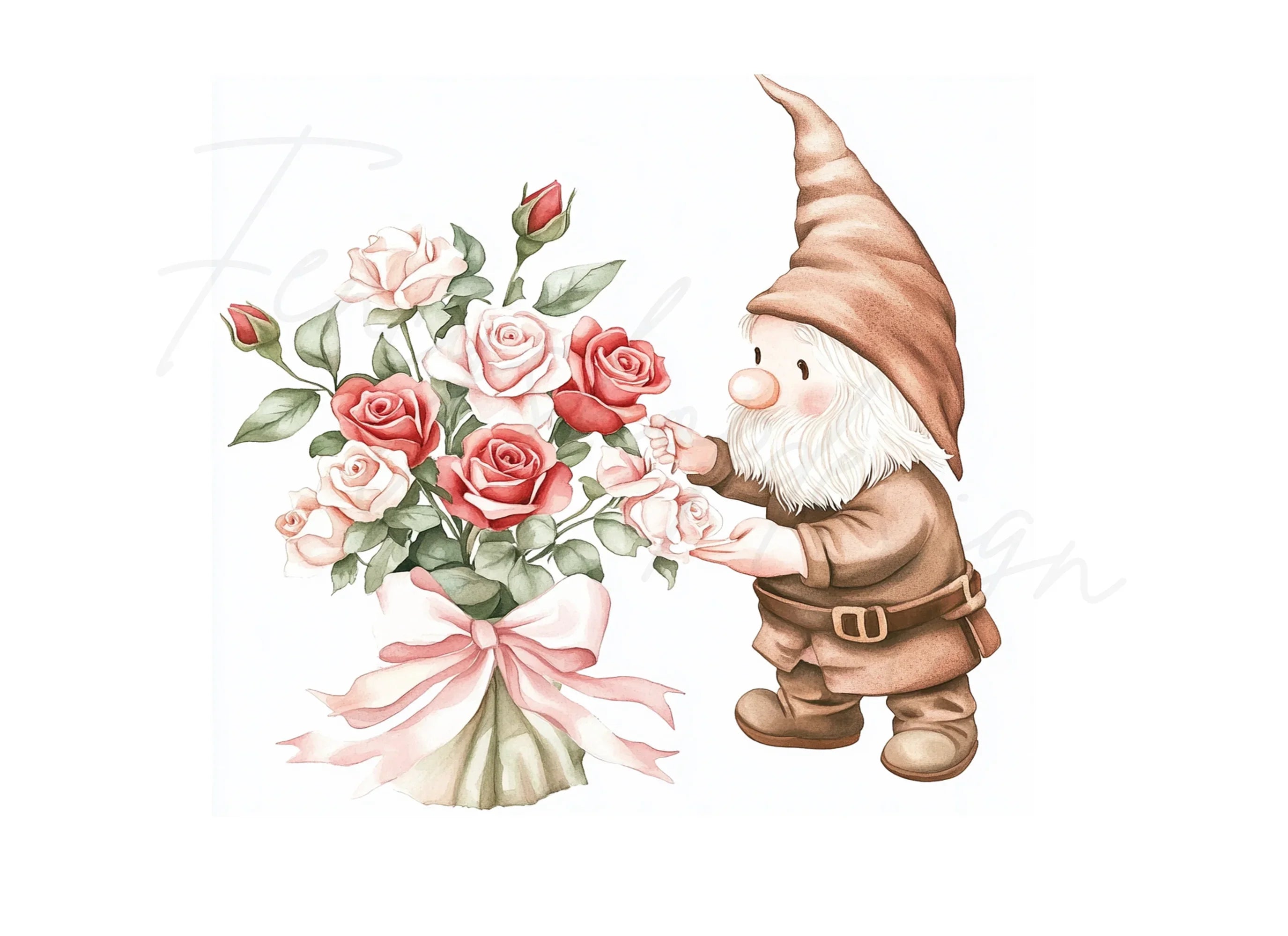 Gnome Holding Rose Bouquet Clipart Bundle
