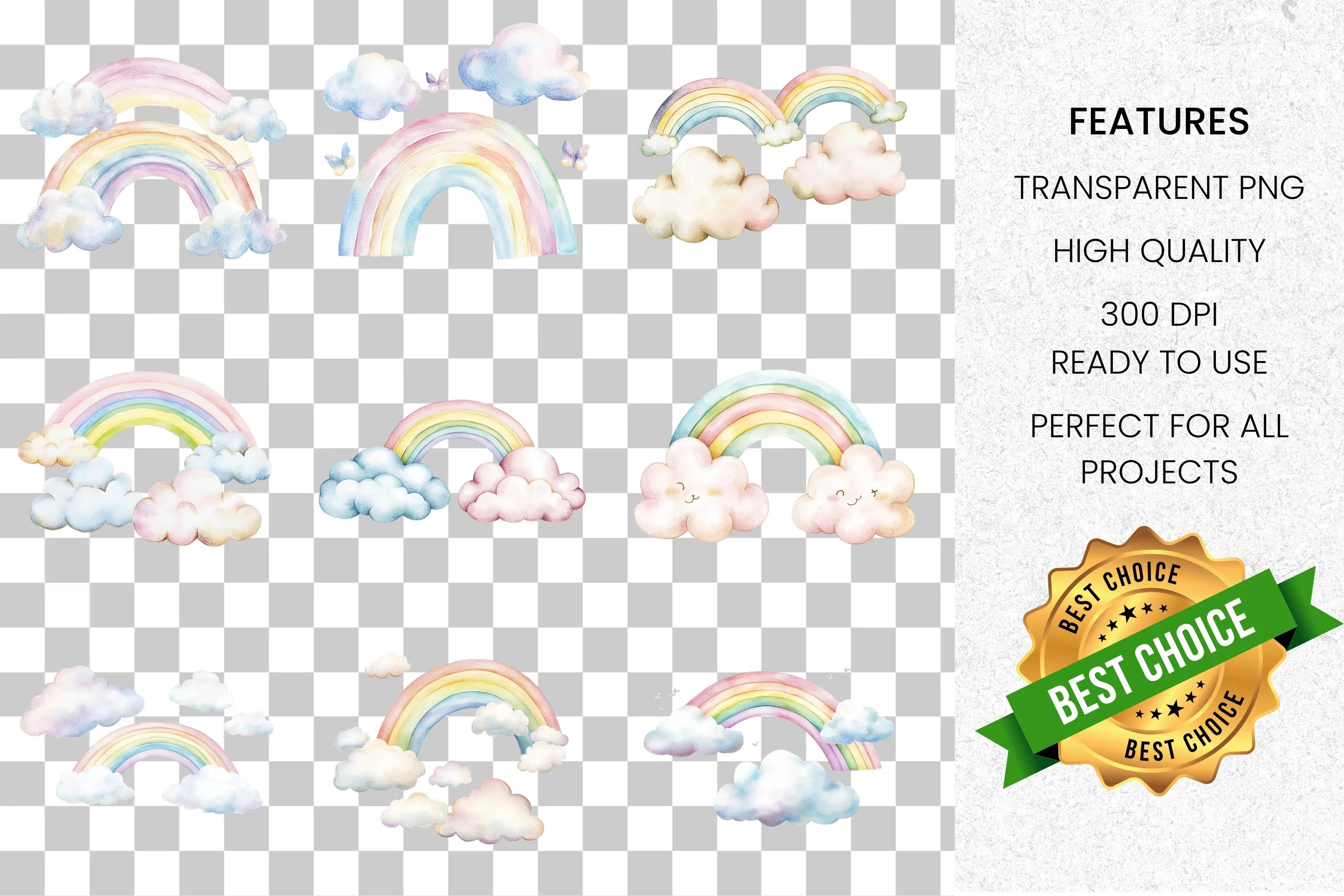 Soft Pastel Rainbow Clouds Clipart Bundle