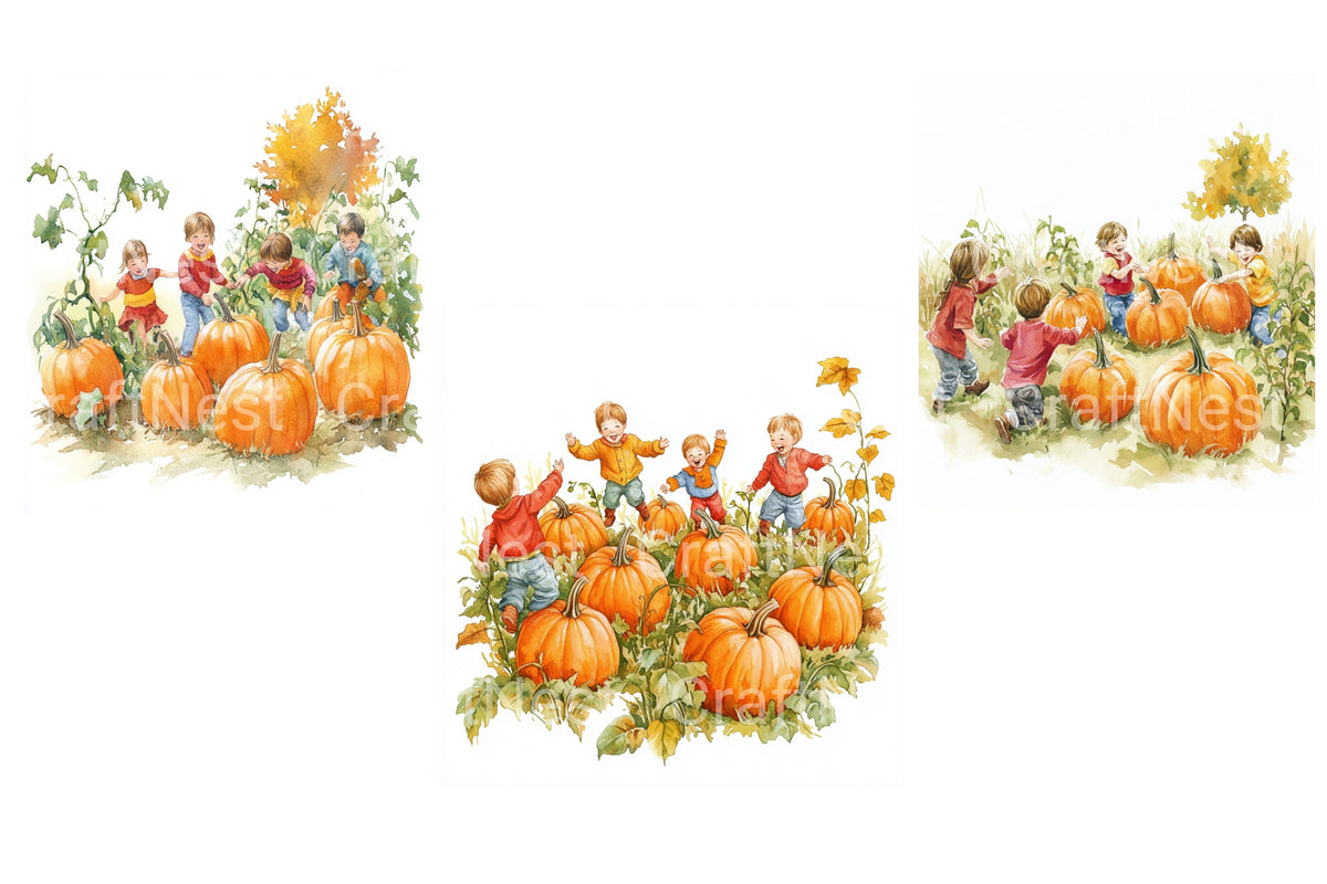 Kids Playing In Pumpkin Patch Fun Clipart Bundle