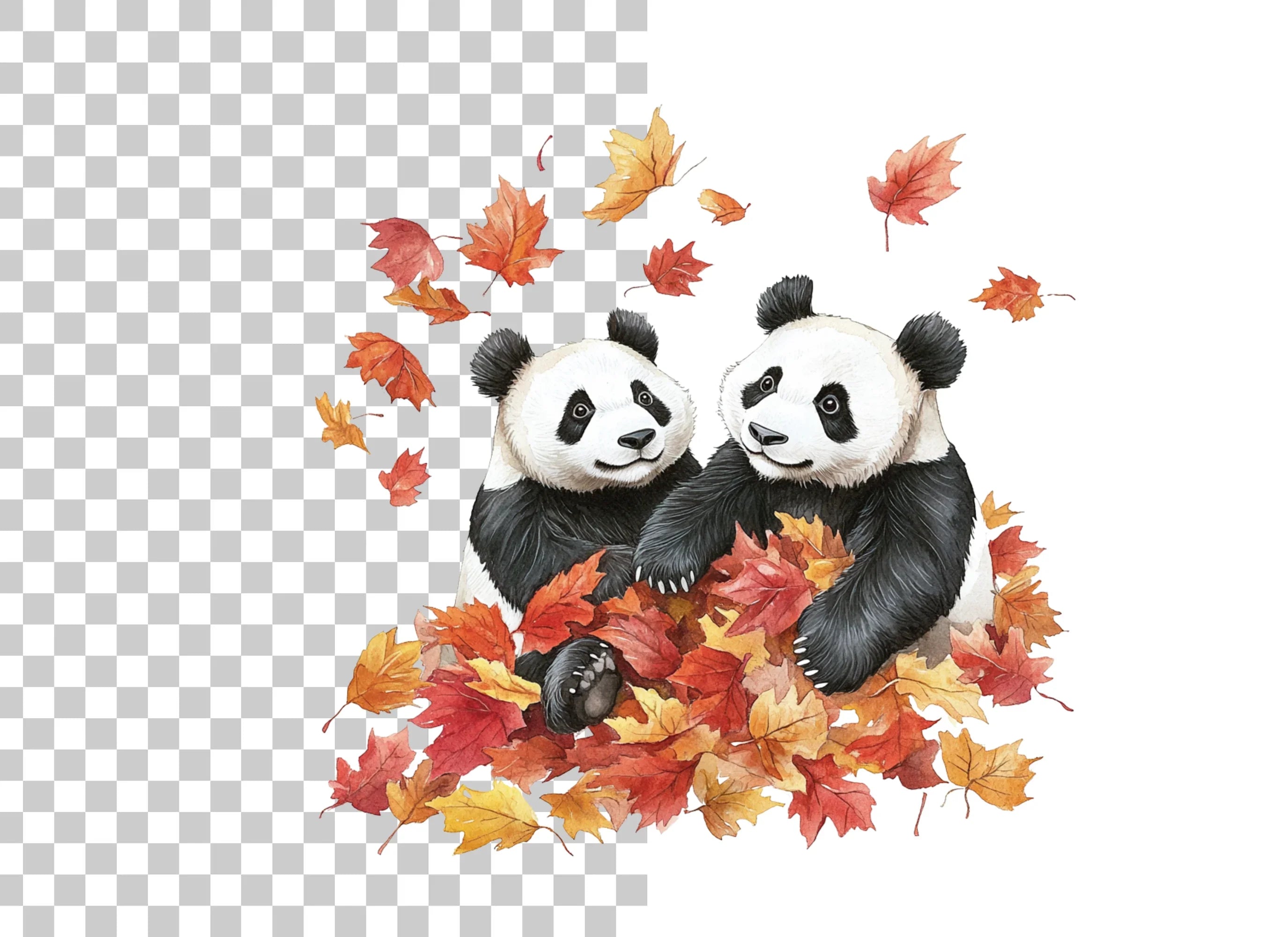 Cute Pandas Playing in Autumn Leaves Clipart Bundle