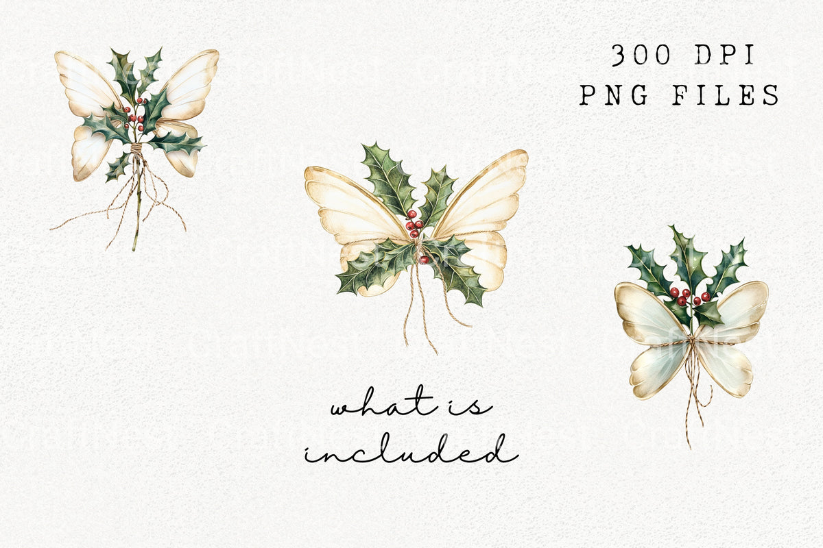 Holly Berry Butterfly Wings Clipart Bundle