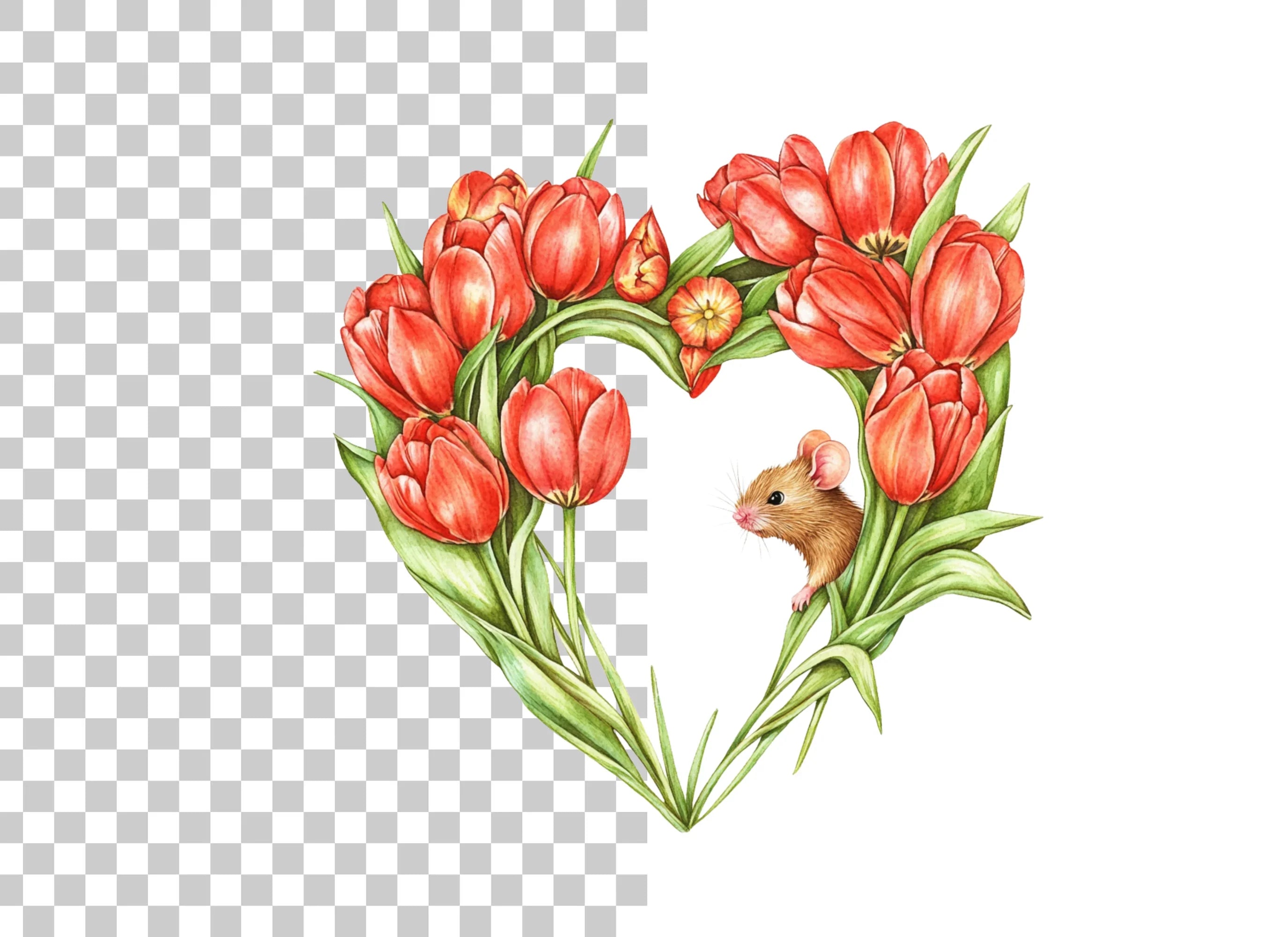 Tulip Heart with Cute Mouse Clipart Bundle