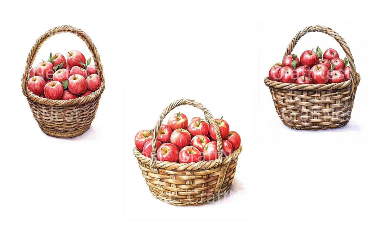 Basket Of Fresh Red Apples Clipart Bundle
