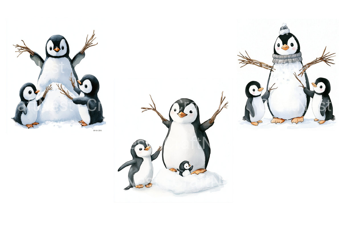Penguins And Snowman Christmas Clipart Bundle