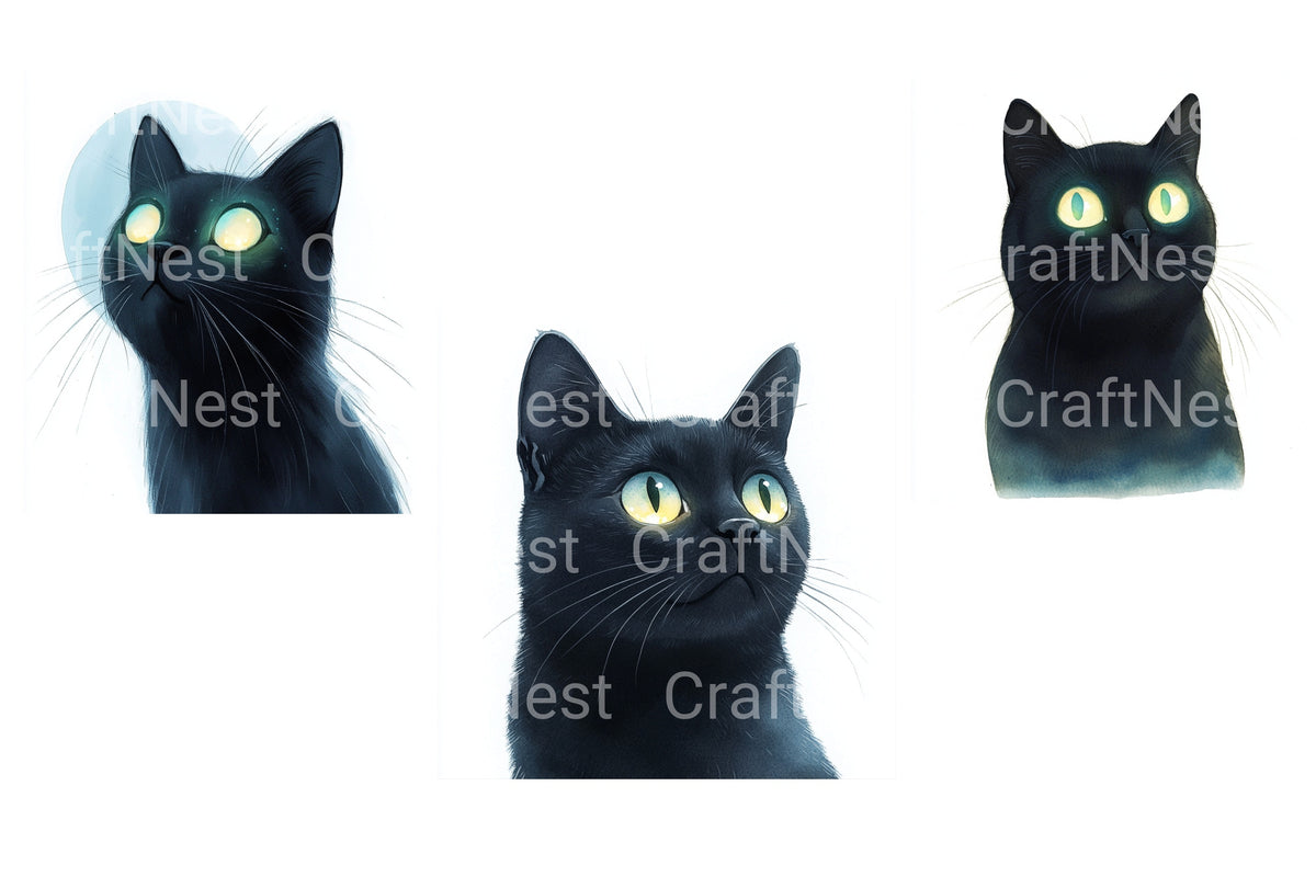 Mystical Black Cat Faces Clipart Bundle