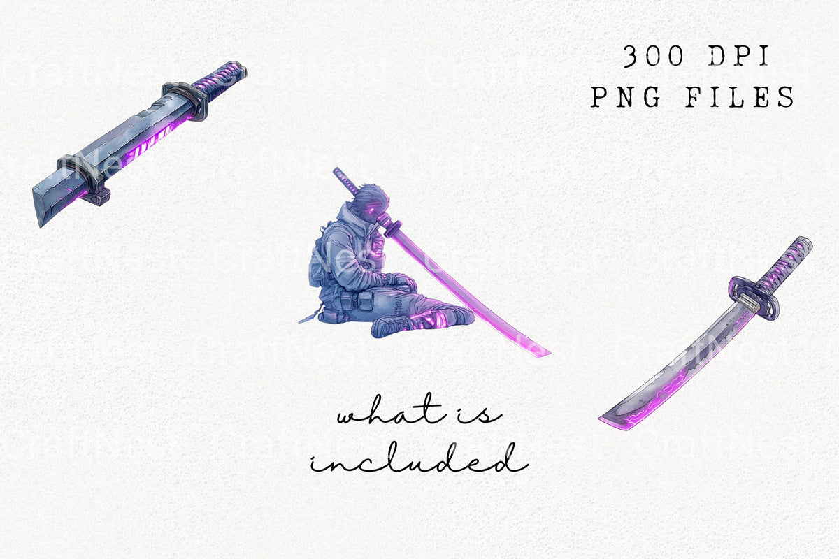 Cyberpunk Neon Purple Katana Clipart Bundle
