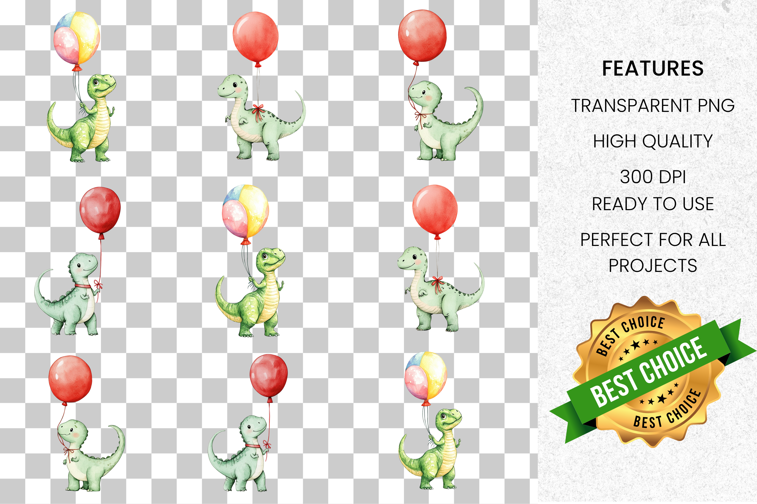 Adorable Dino Party Balloon Graphics Clipart Bundle