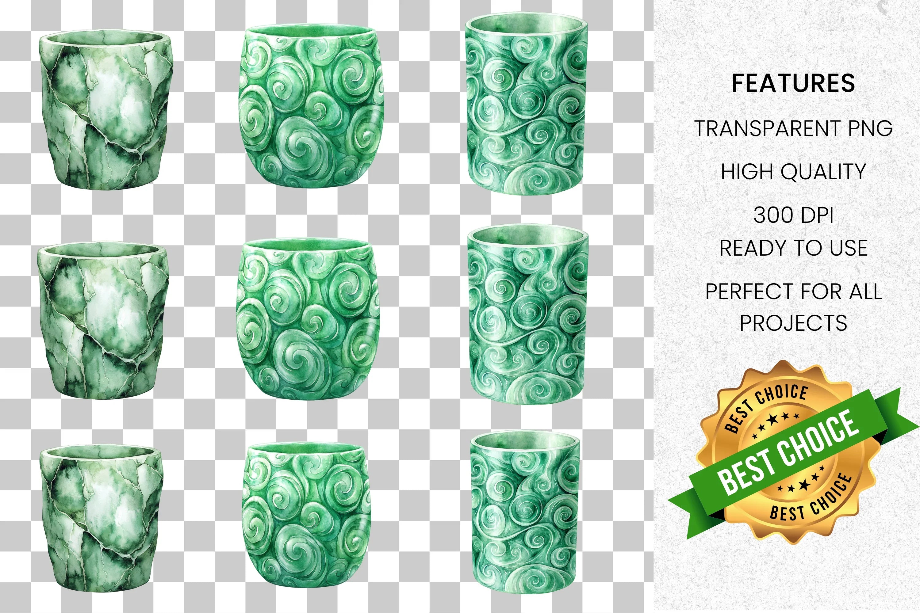 Elegant Green Jade Stone Mugs Clipart Bundle