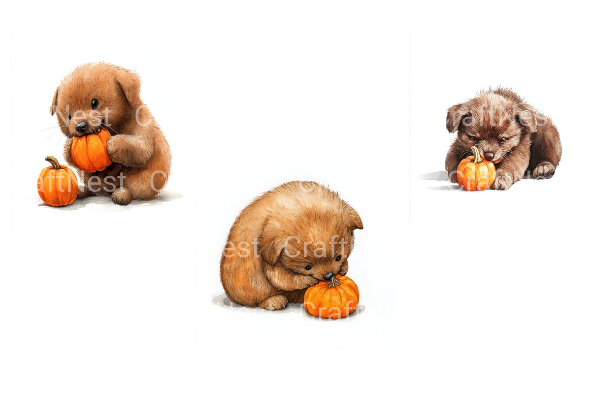 Adorable Puppy With Pumpkin Clipart Bundle