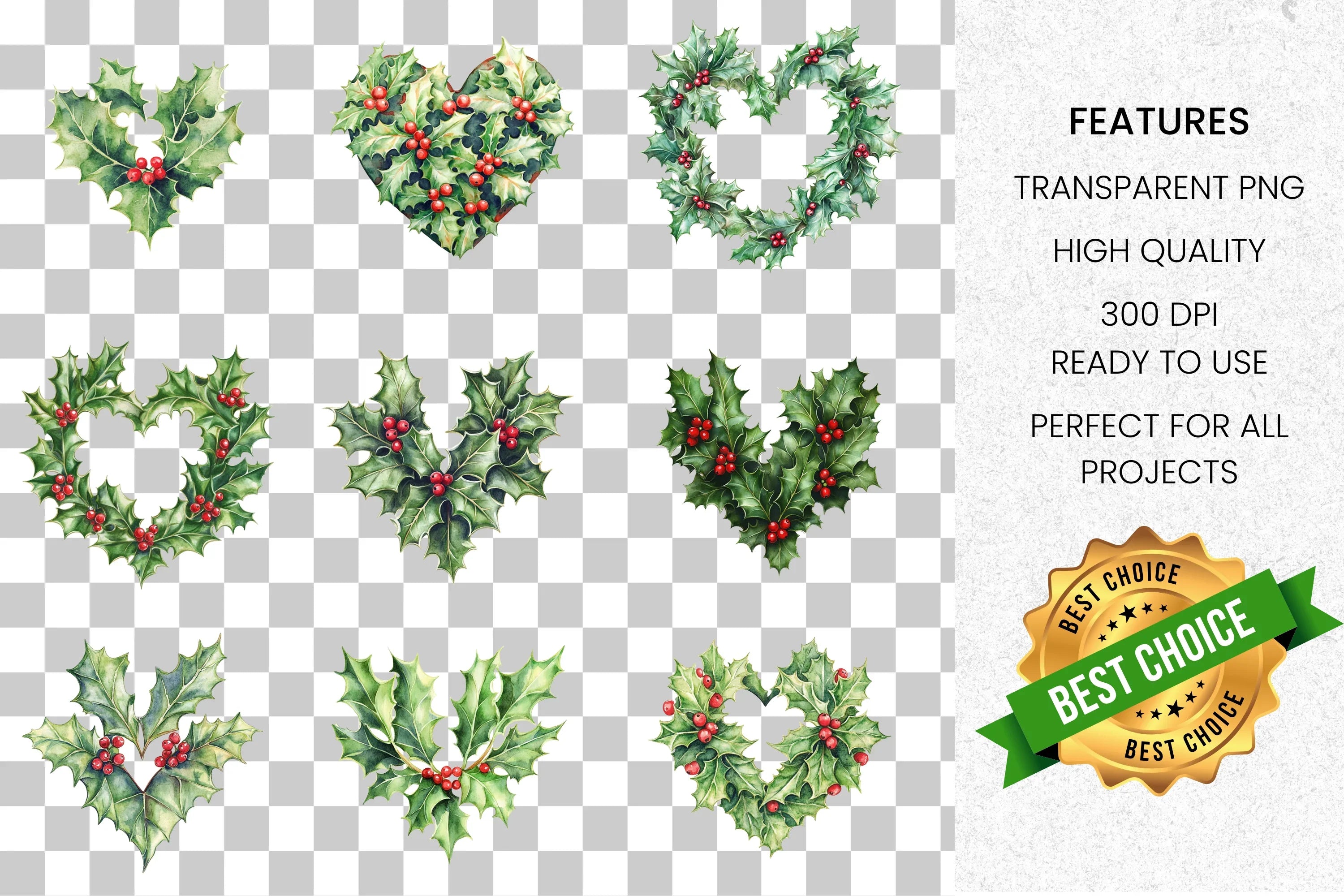 Holly Heart Christmas Clipart Bundle