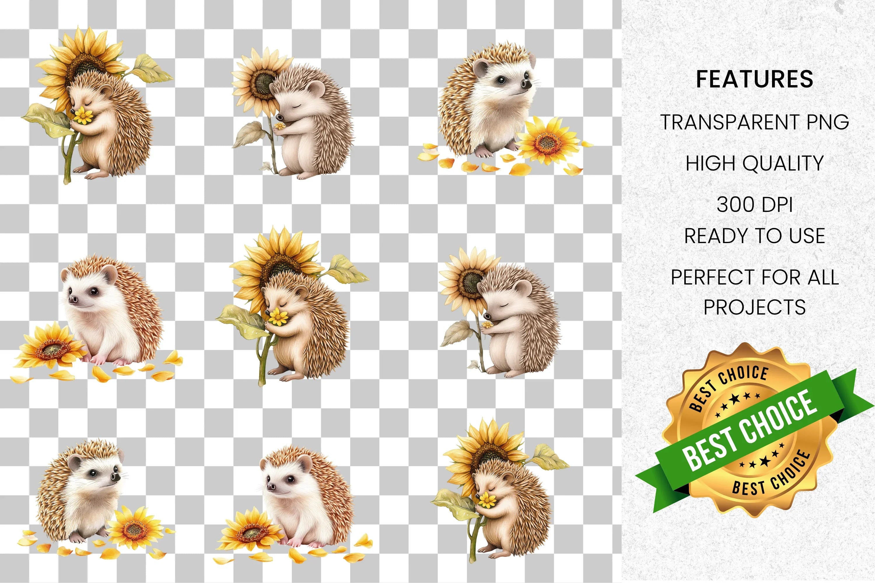 Cute Hedgehog Sunflower Clipart Bundle