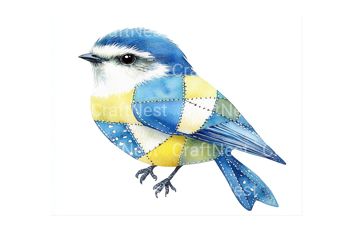 Patchwork Blue Tit Birds Designs Clipart Bundle