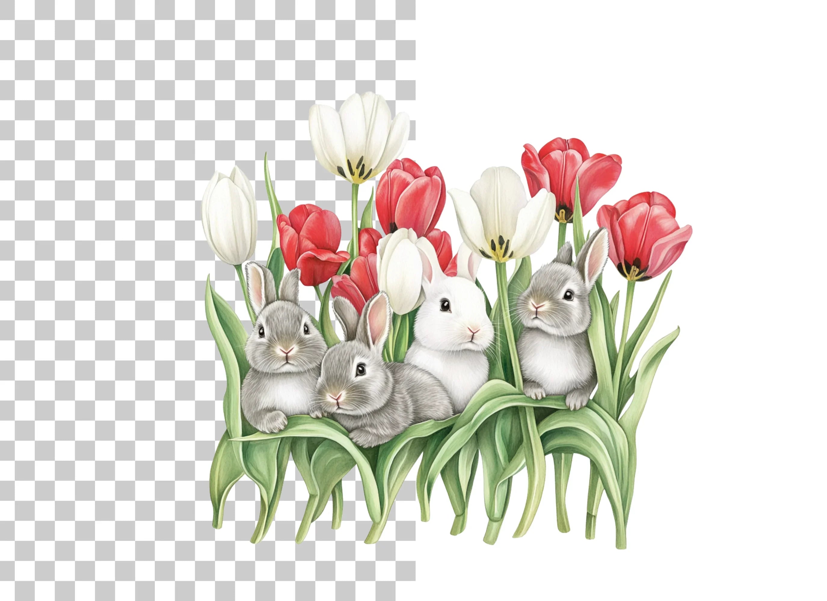 Baby Bunnies in Tulip Garden Clipart Bundle